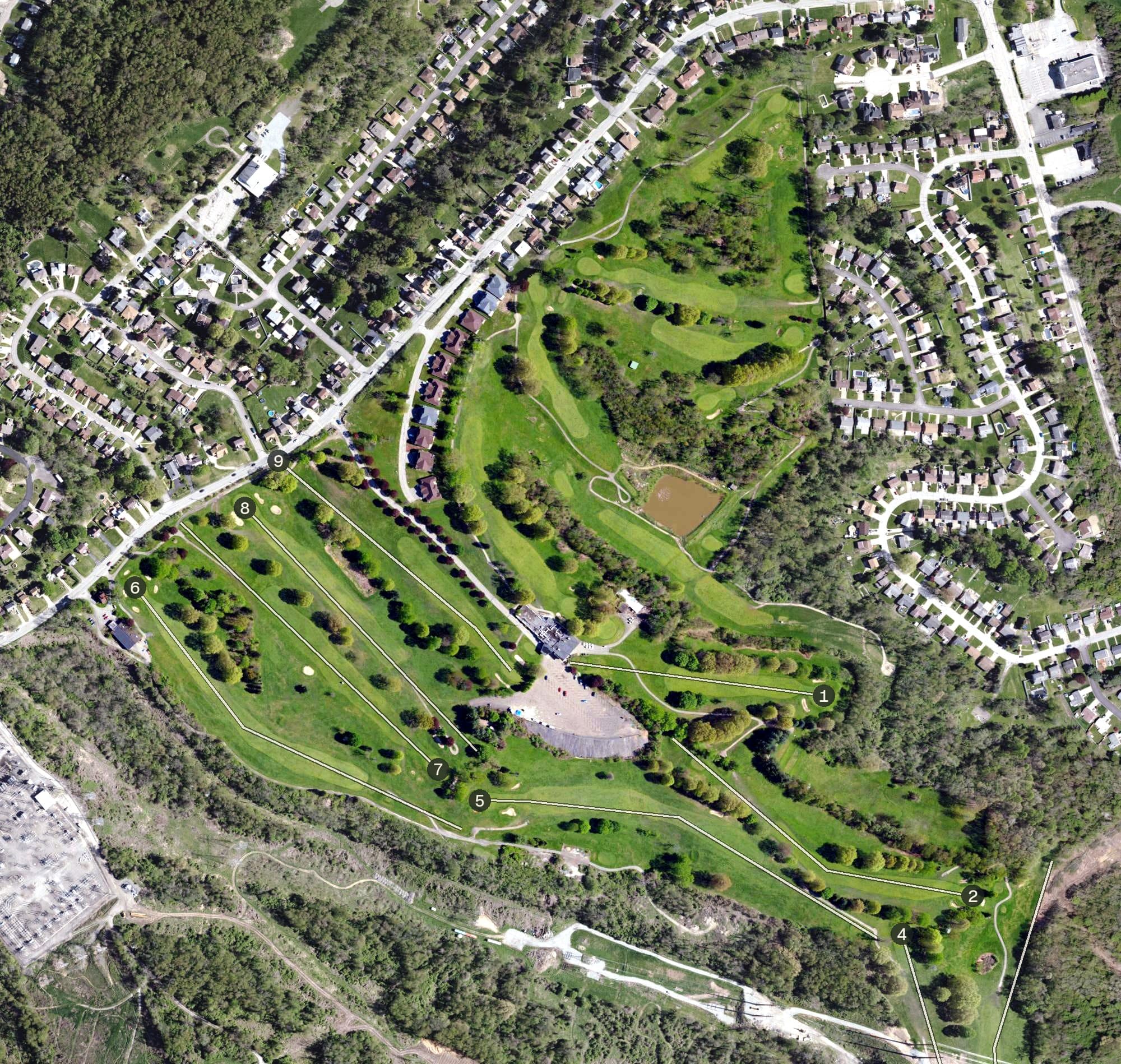 Aerial view of Westwood Golf Club, PA, with its hole routing marked