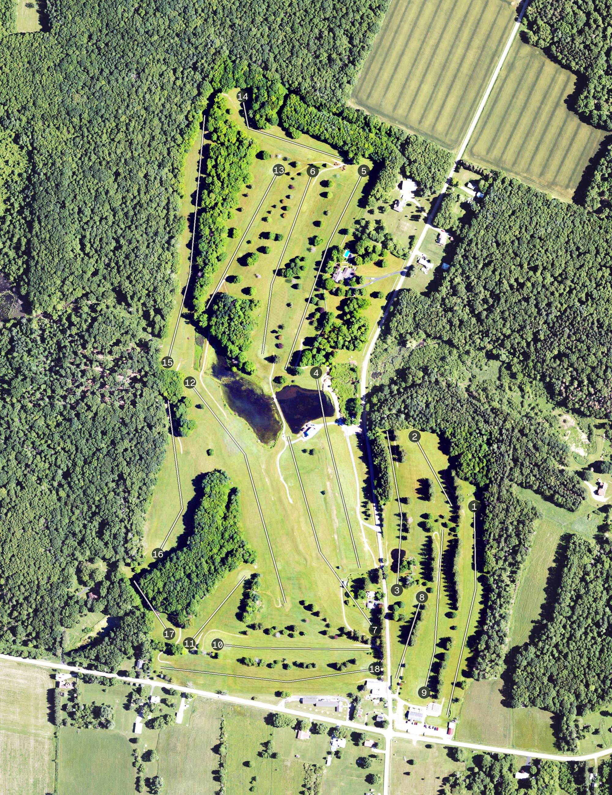 Aerial view of Whispering Pines, PA, with its hole routing marked