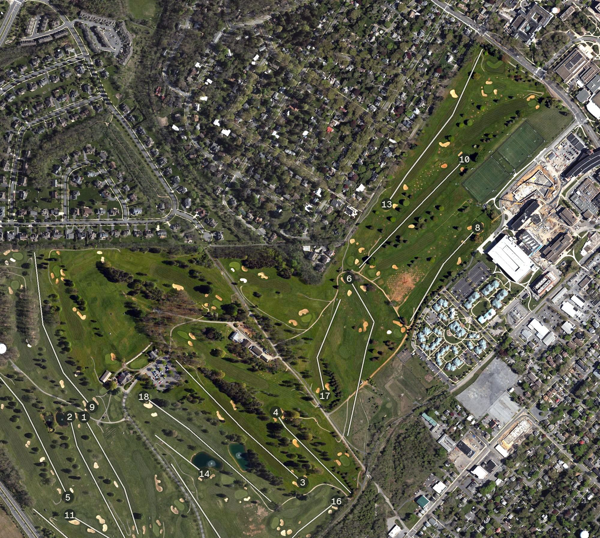 Aerial view of White Course, PA, with its hole routing marked