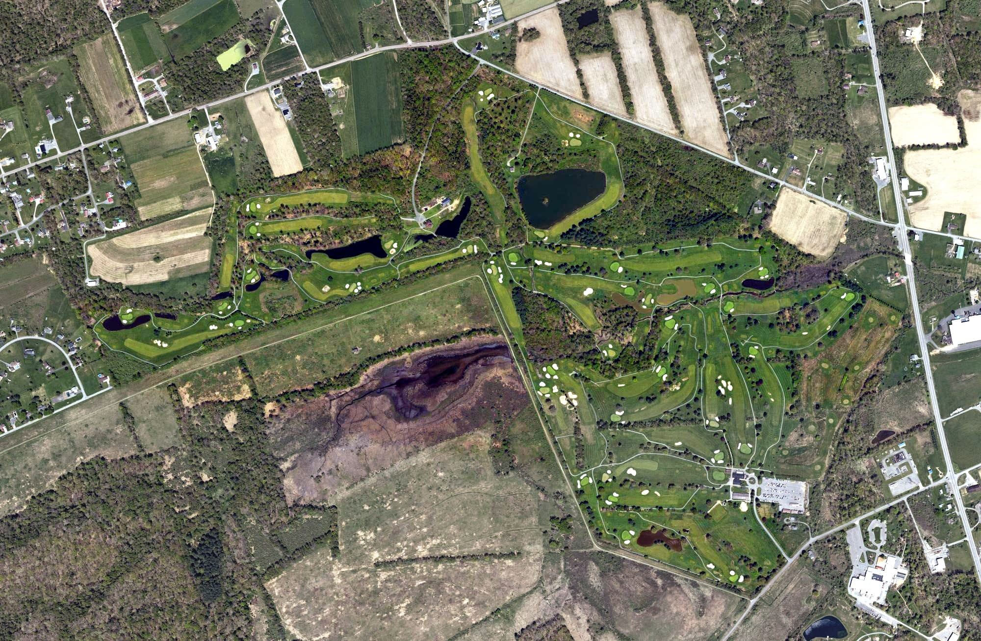 Aerial view of White Deer County Golf Course, PA, with its hole routing marked
