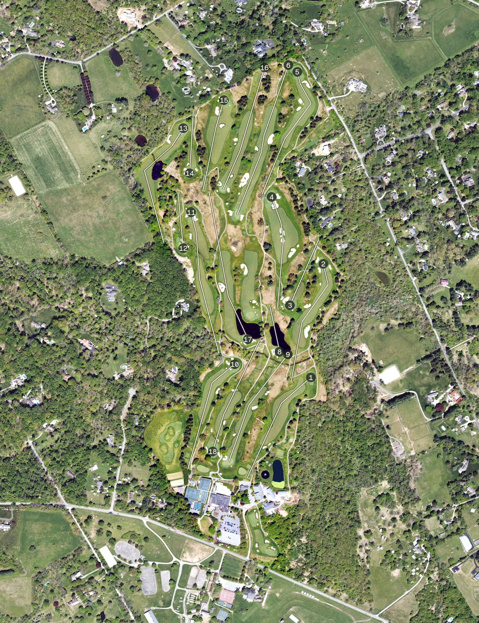Aerial view of White Manor Country Club, PA, with its hole routing marked
