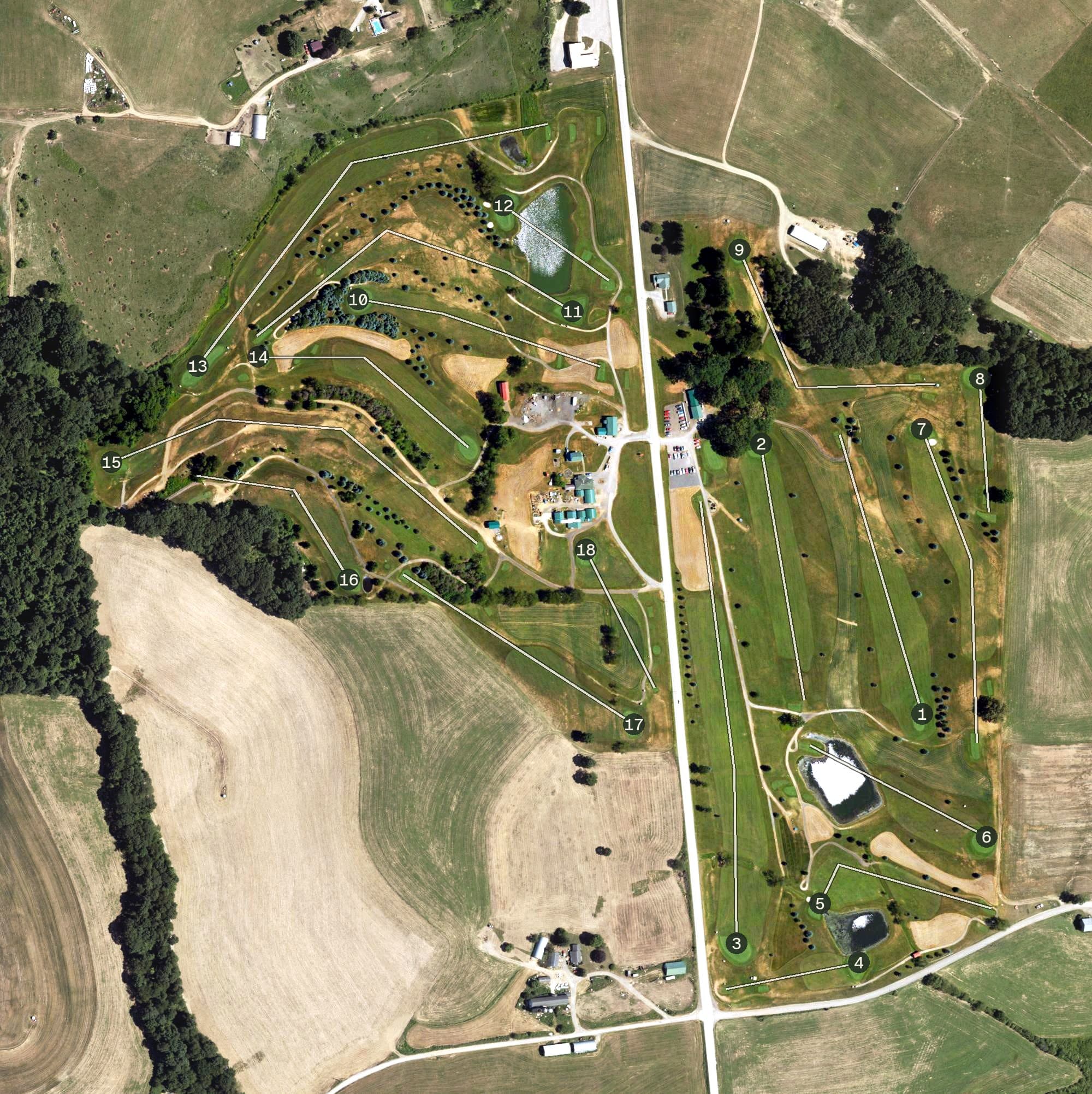 Aerial view of White Oak Golf Course, PA, with its hole routing marked