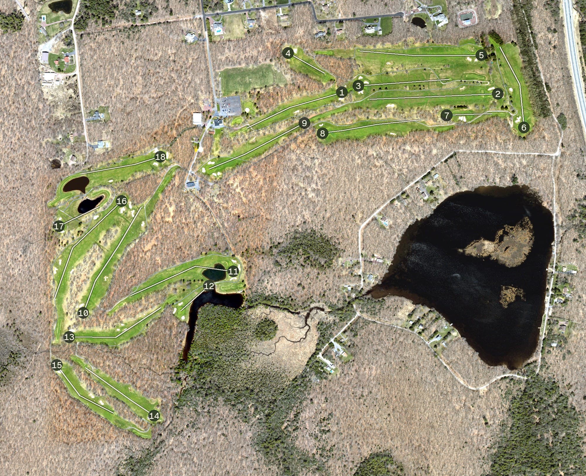 Aerial view of Wilkes-Barre Golf Club, PA, with its hole routing marked