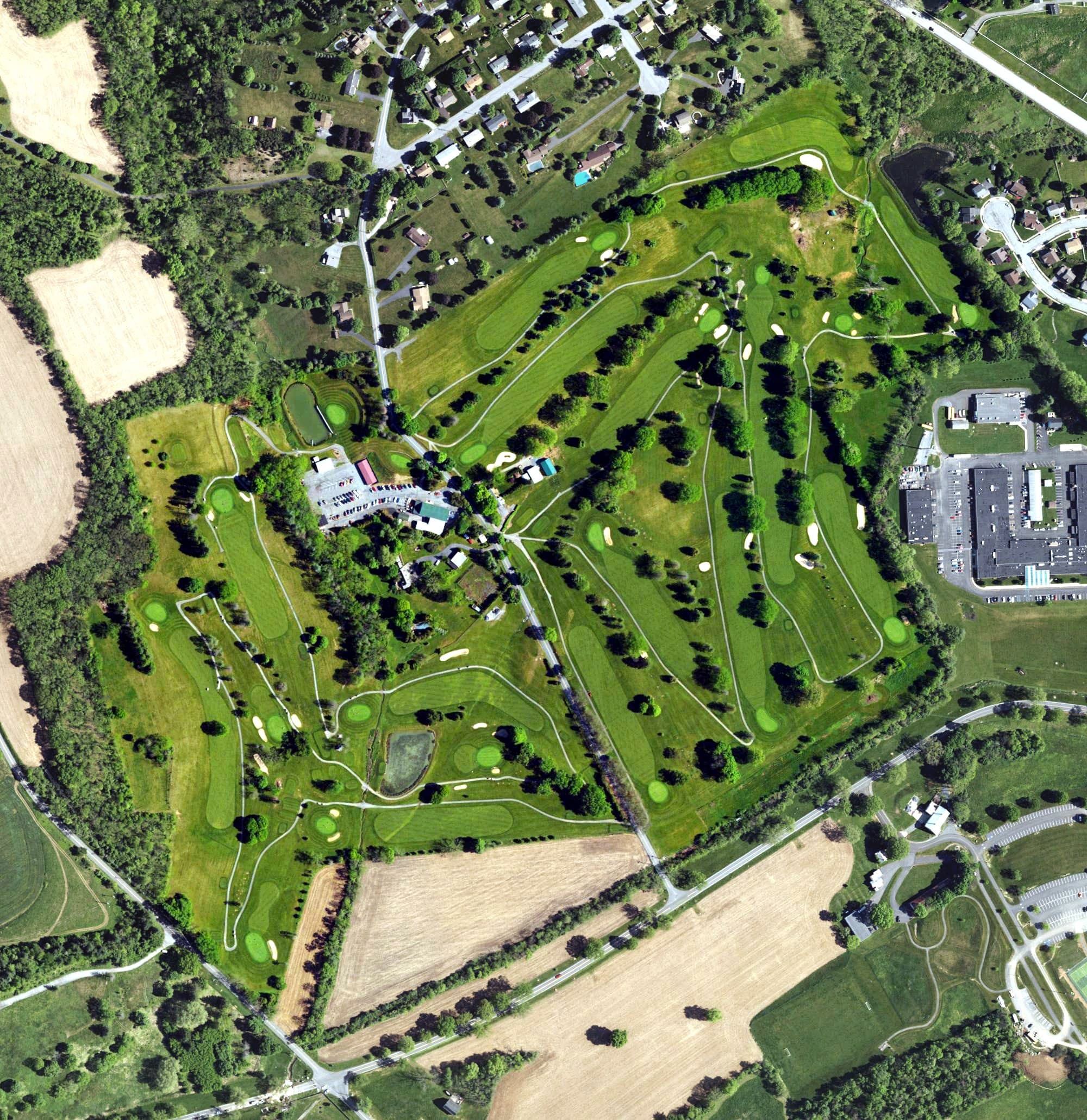 Aerial view of Willow Hollow Golf Course, PA, with its hole routing marked