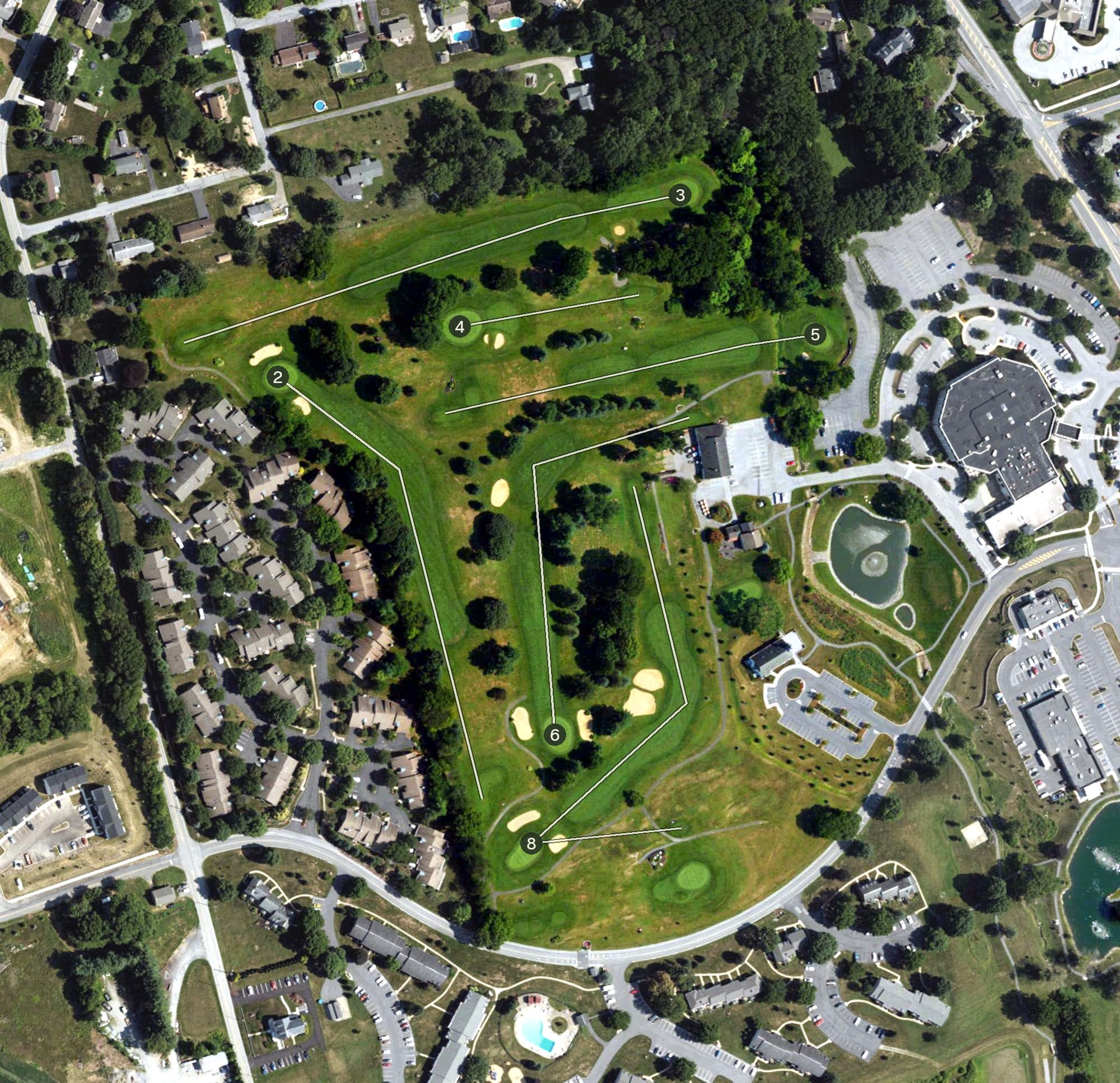 Aerial view of Willow Valley, PA, with its hole routing marked