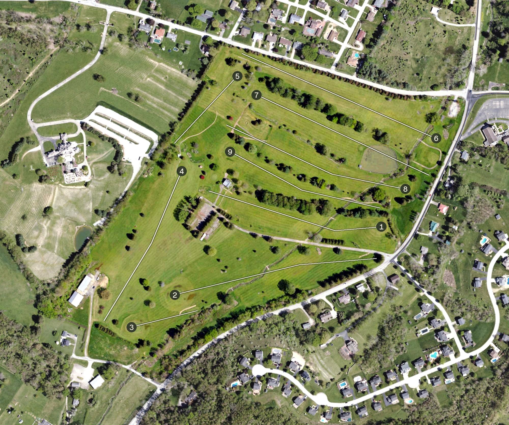Aerial view of Willowbrook Golf Course, PA, with its hole routing marked