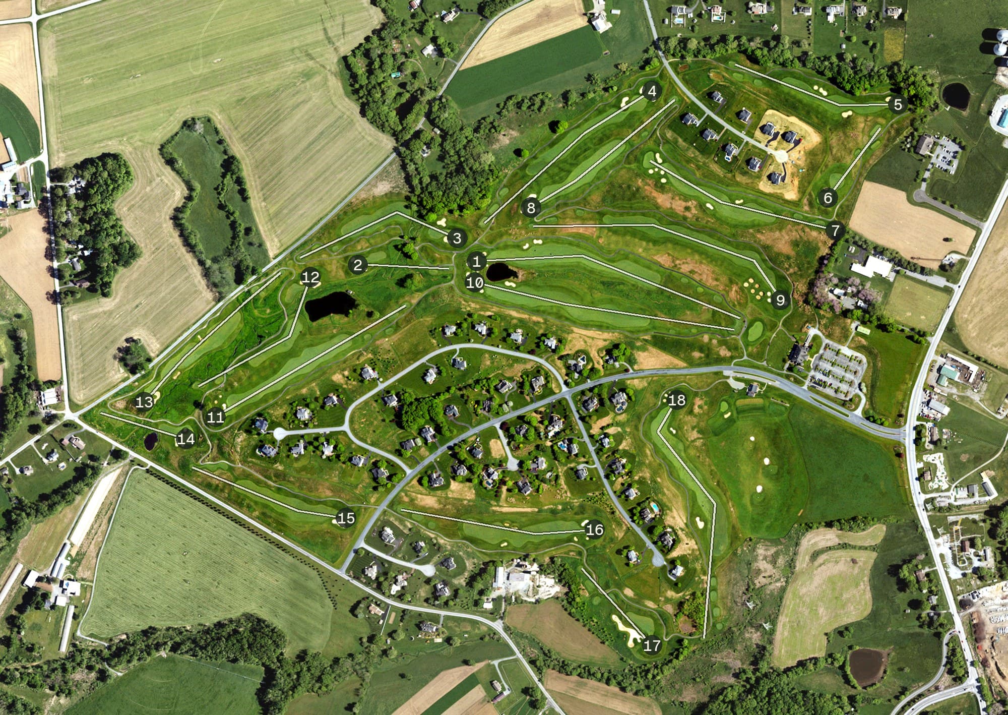 Aerial view of Wyncote Golf Course, PA, with its hole routing marked