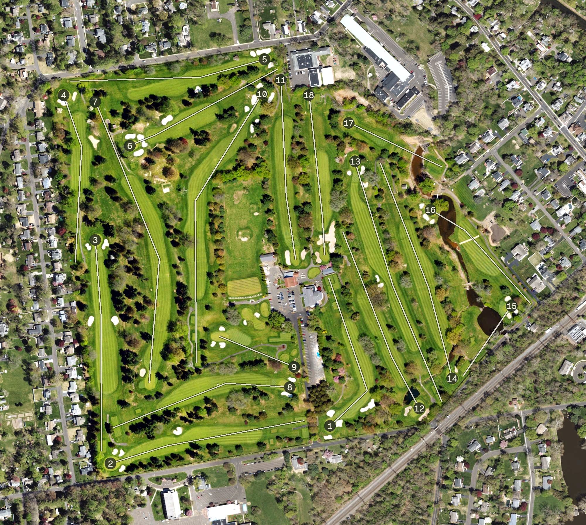 Aerial view of Yardley Country Club, PA, with its hole routing marked