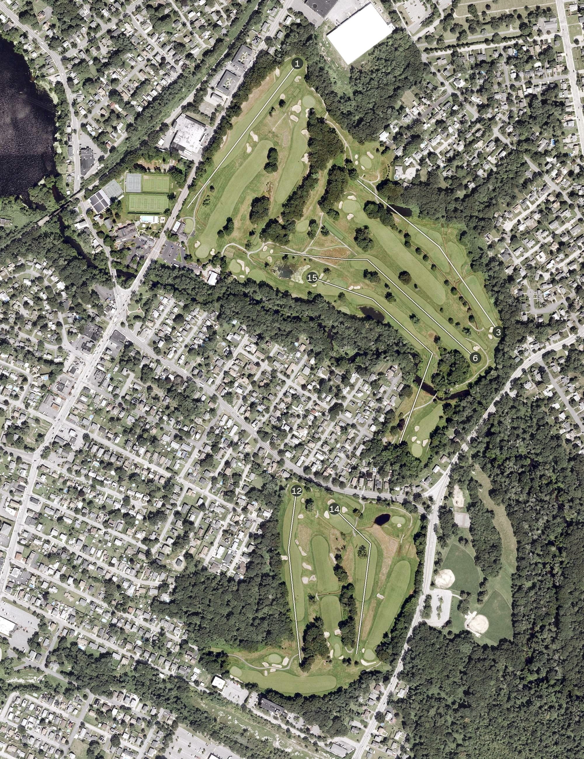 Aerial view of Agawam Hunt, RI, with its hole routing marked