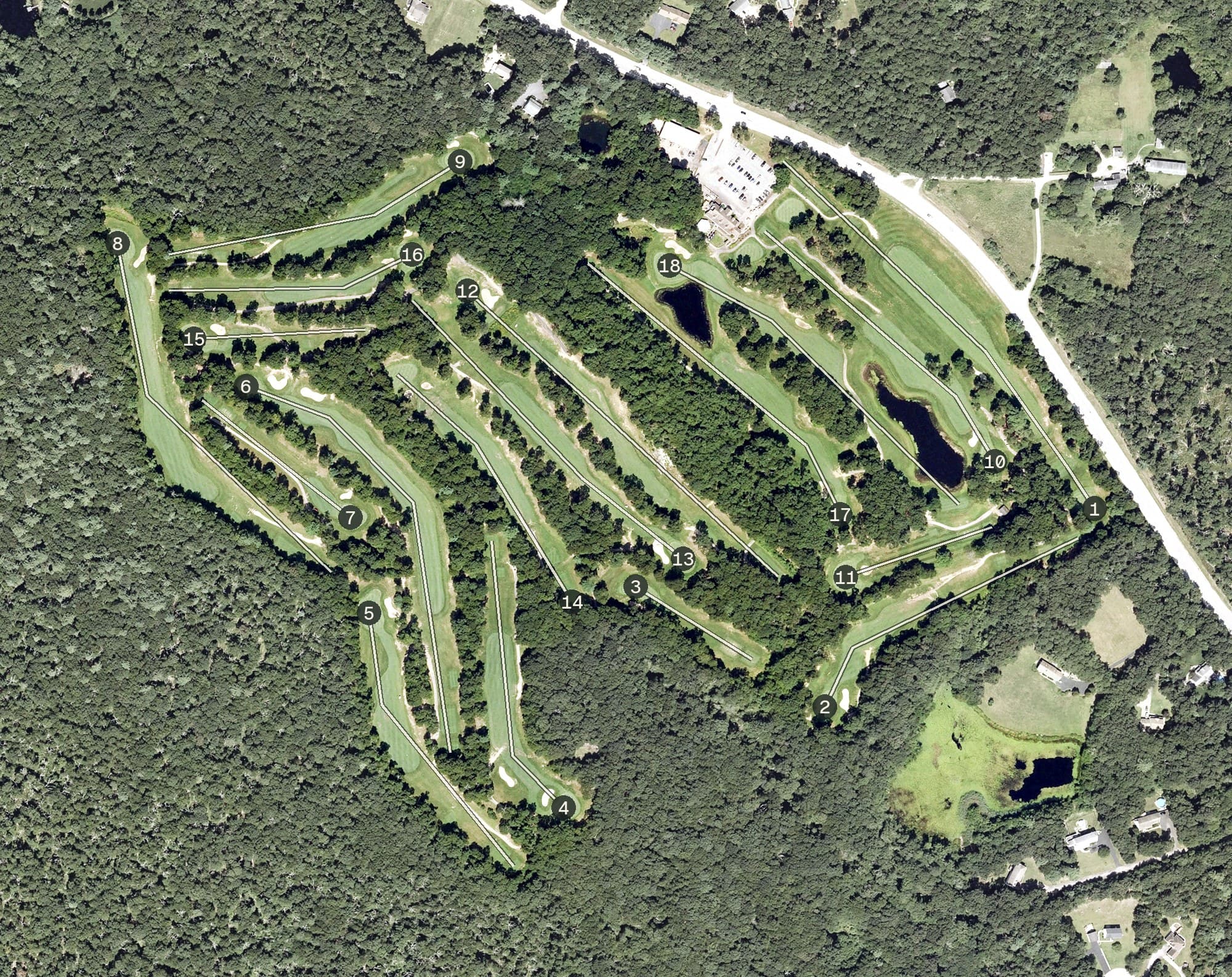 Aerial view of Beaver River Golf Club, RI, with its hole routing marked