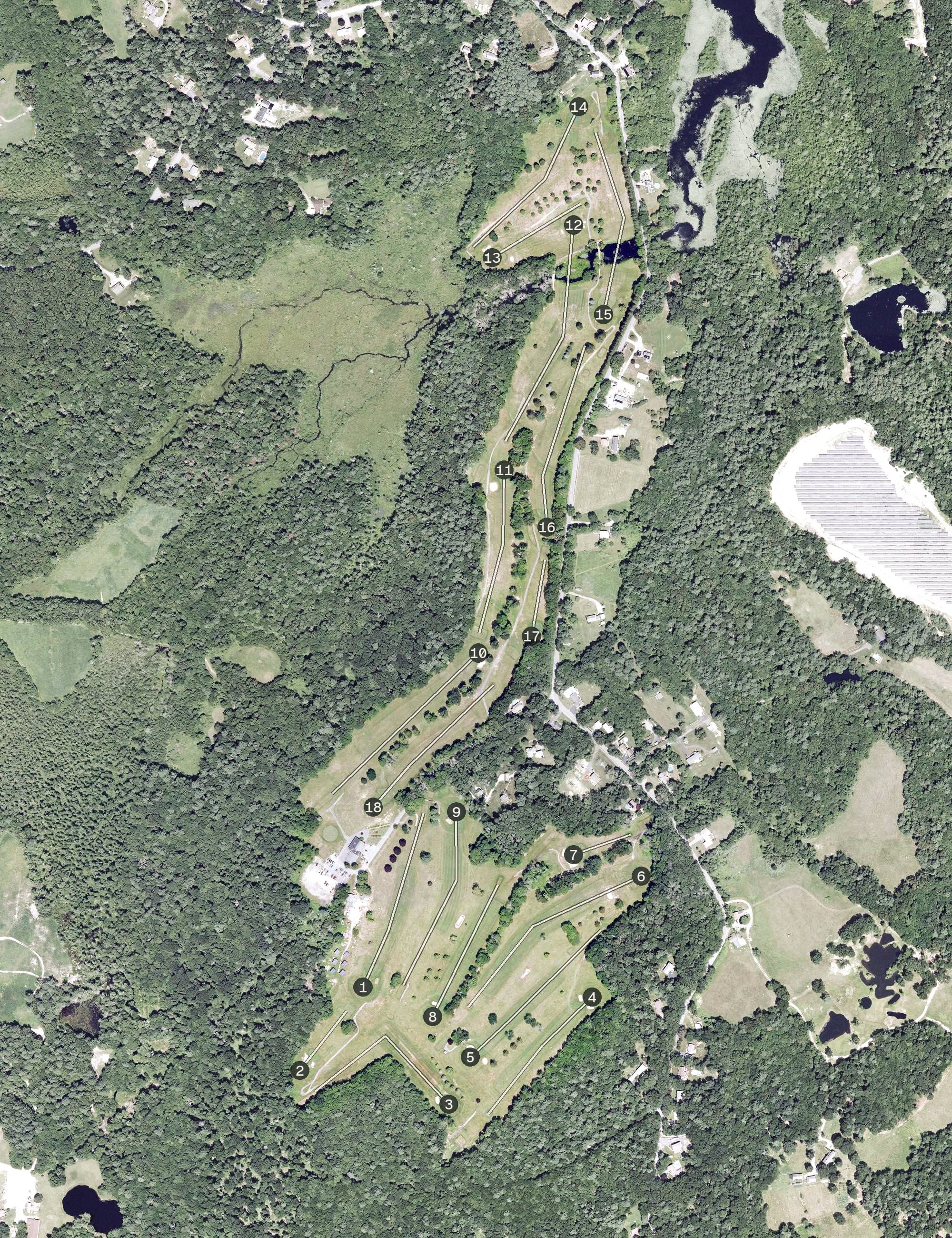 Aerial view of Country View Golf Club, RI, with its hole routing marked