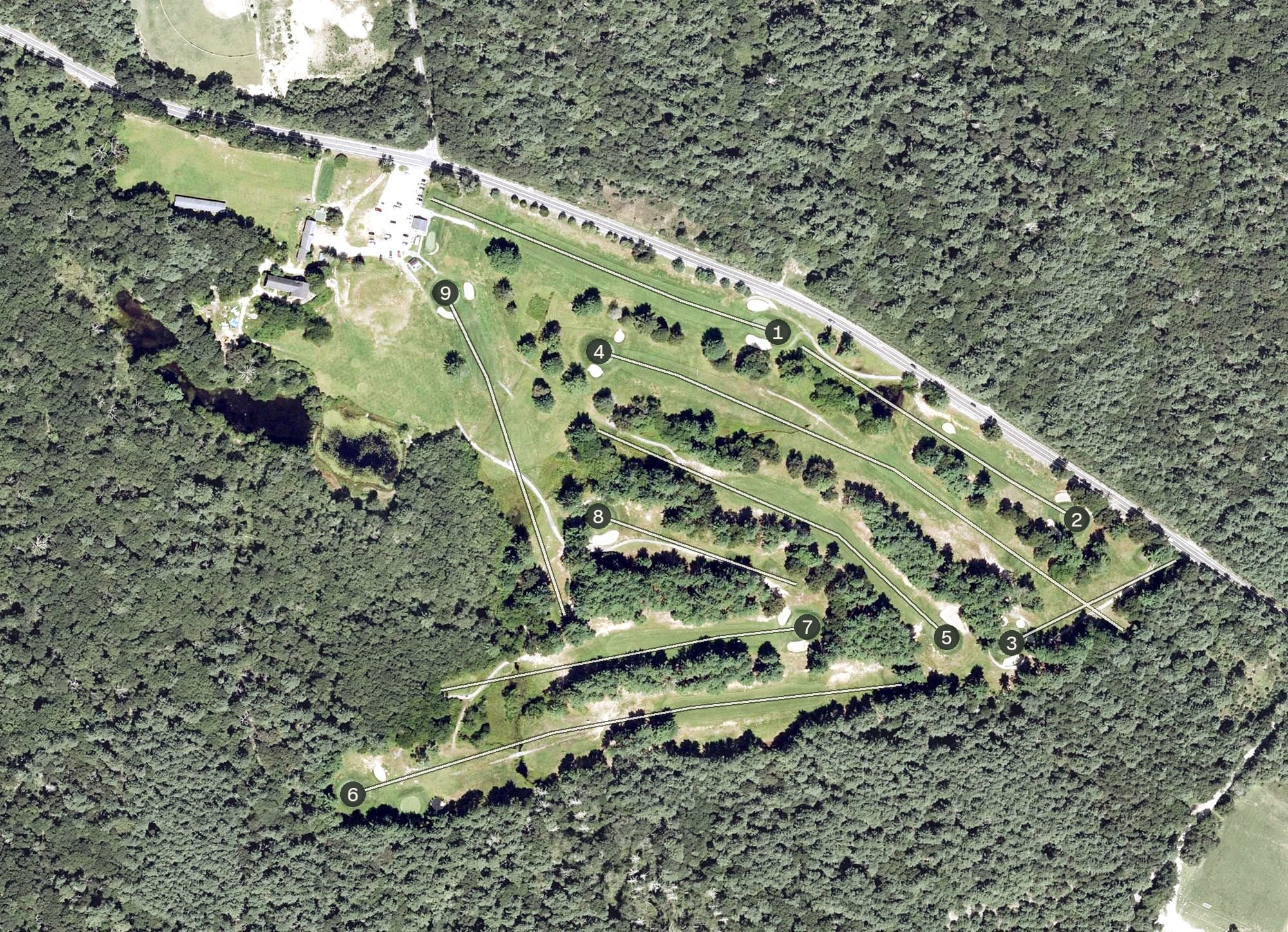 Aerial view of Coventry Pines Golf Course, RI, with its hole routing marked