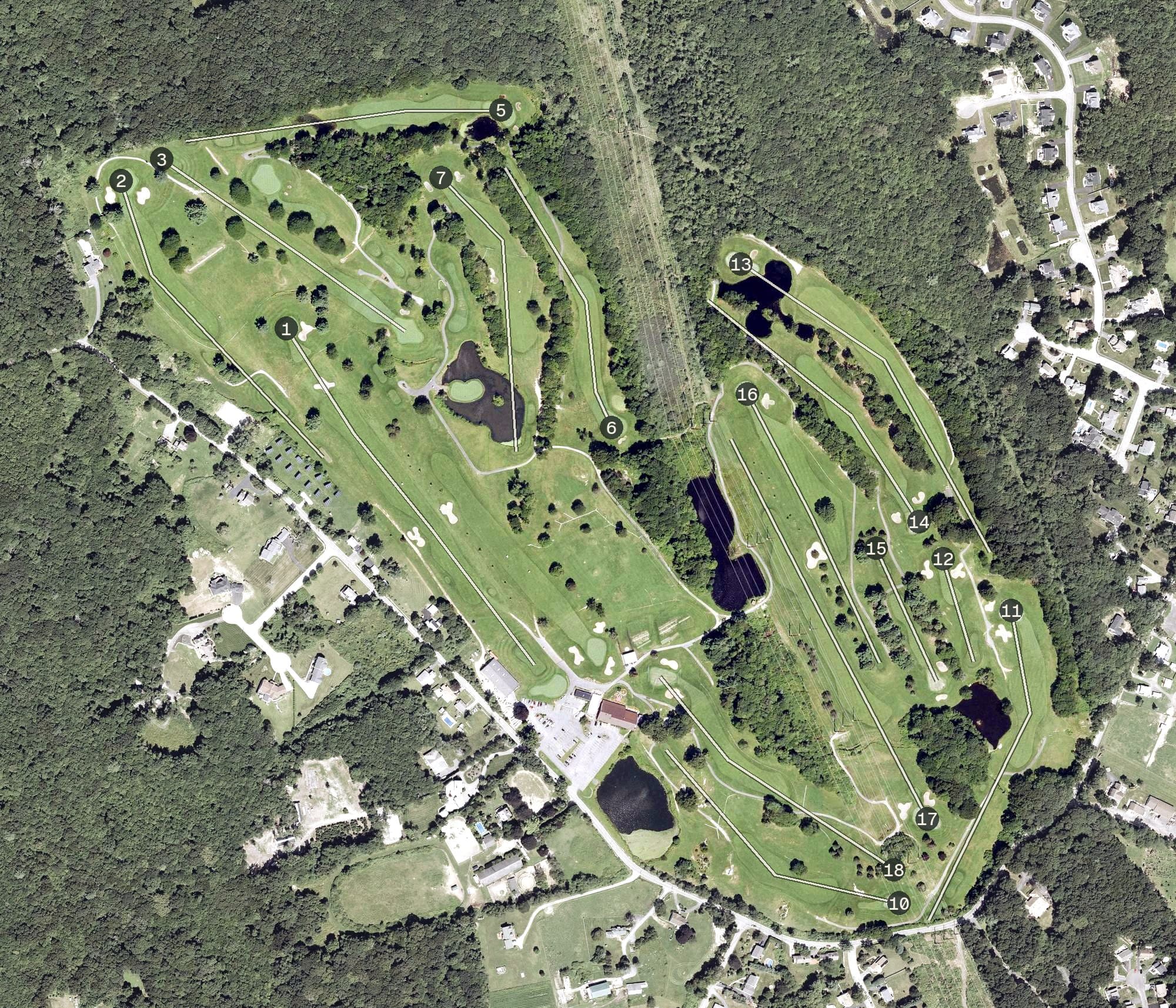 Aerial view of Cranston Country Club, RI, with its hole routing marked