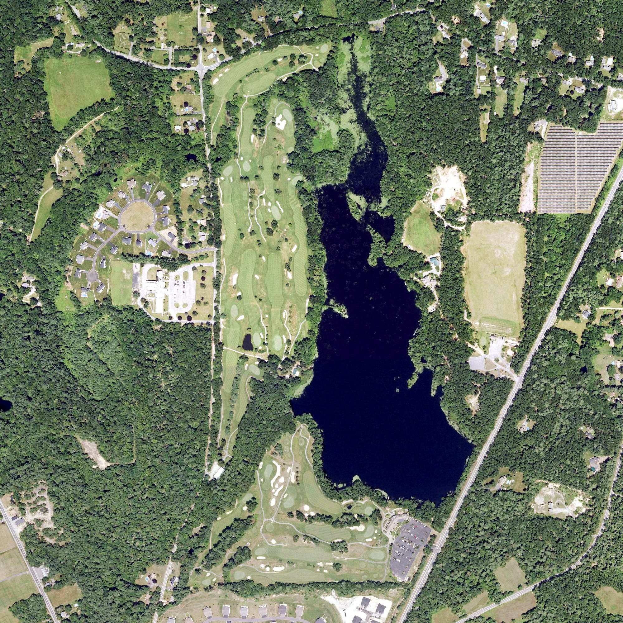 Aerial view of Crystal Lake Golf Club, RI, with its hole routing marked