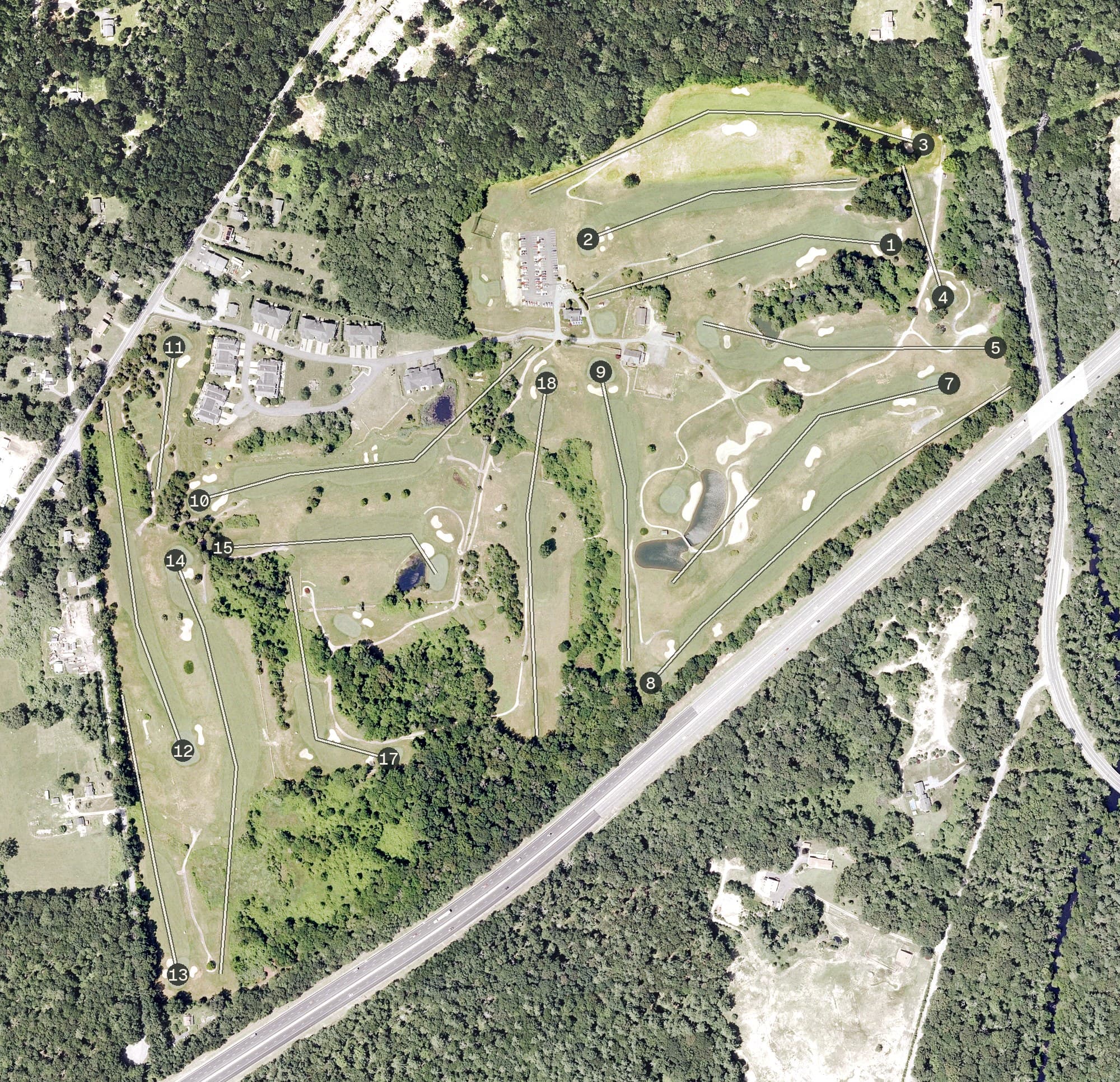 Aerial view of Fenner Hill Country Club, RI, with its hole routing marked