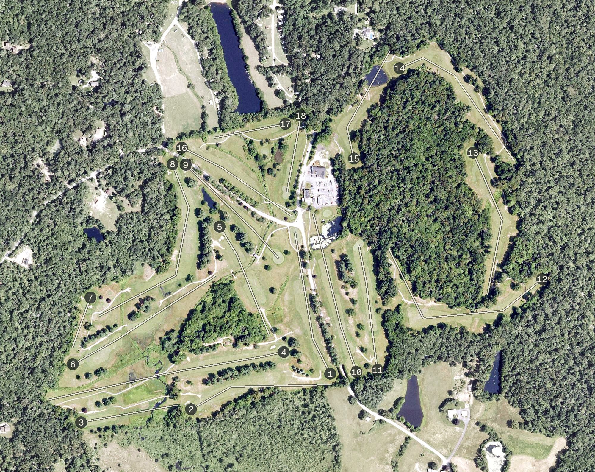 Aerial view of Foster Country Club, RI, with its hole routing marked