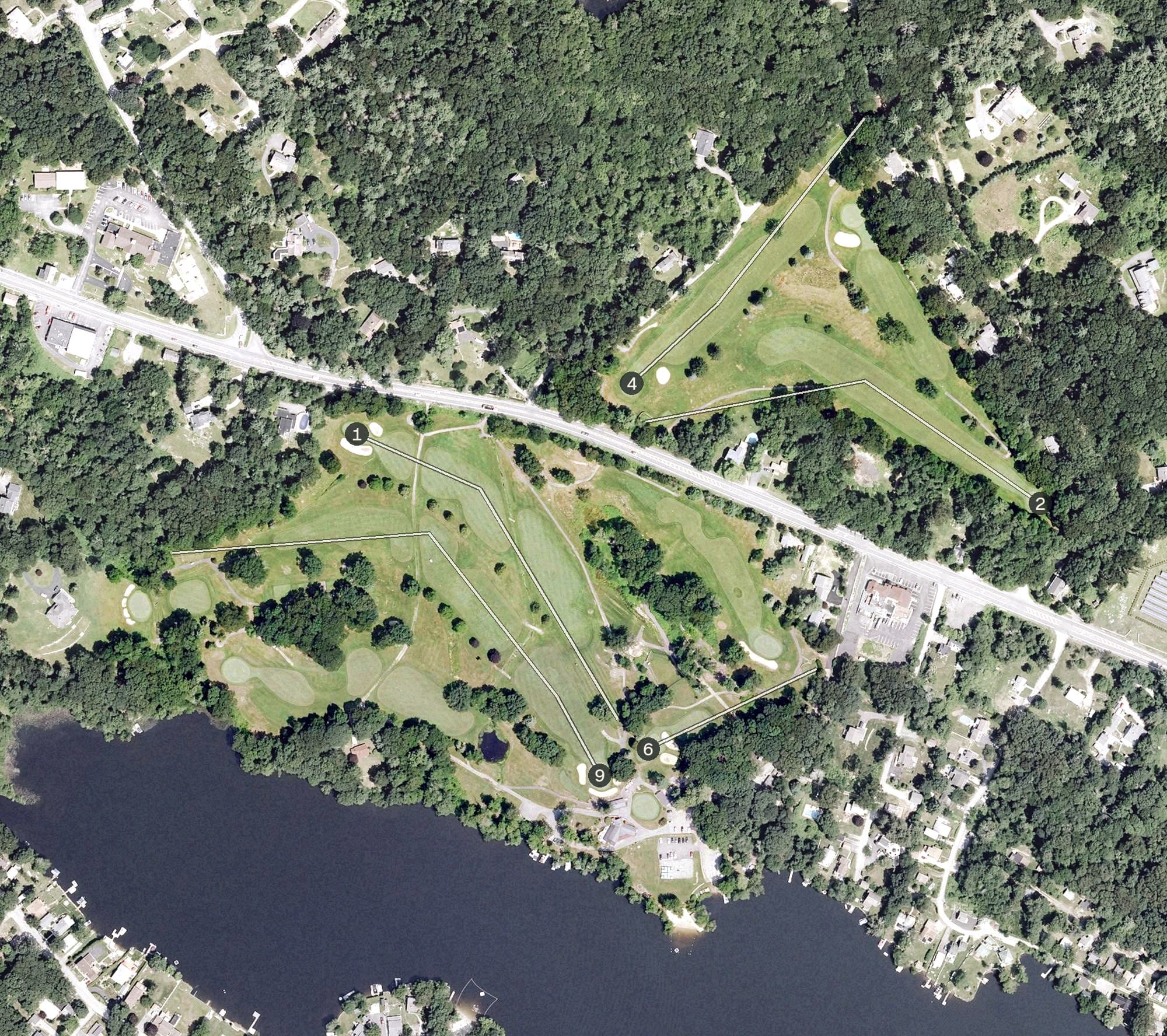 Aerial view of Glocester Country Club, RI, with its hole routing marked