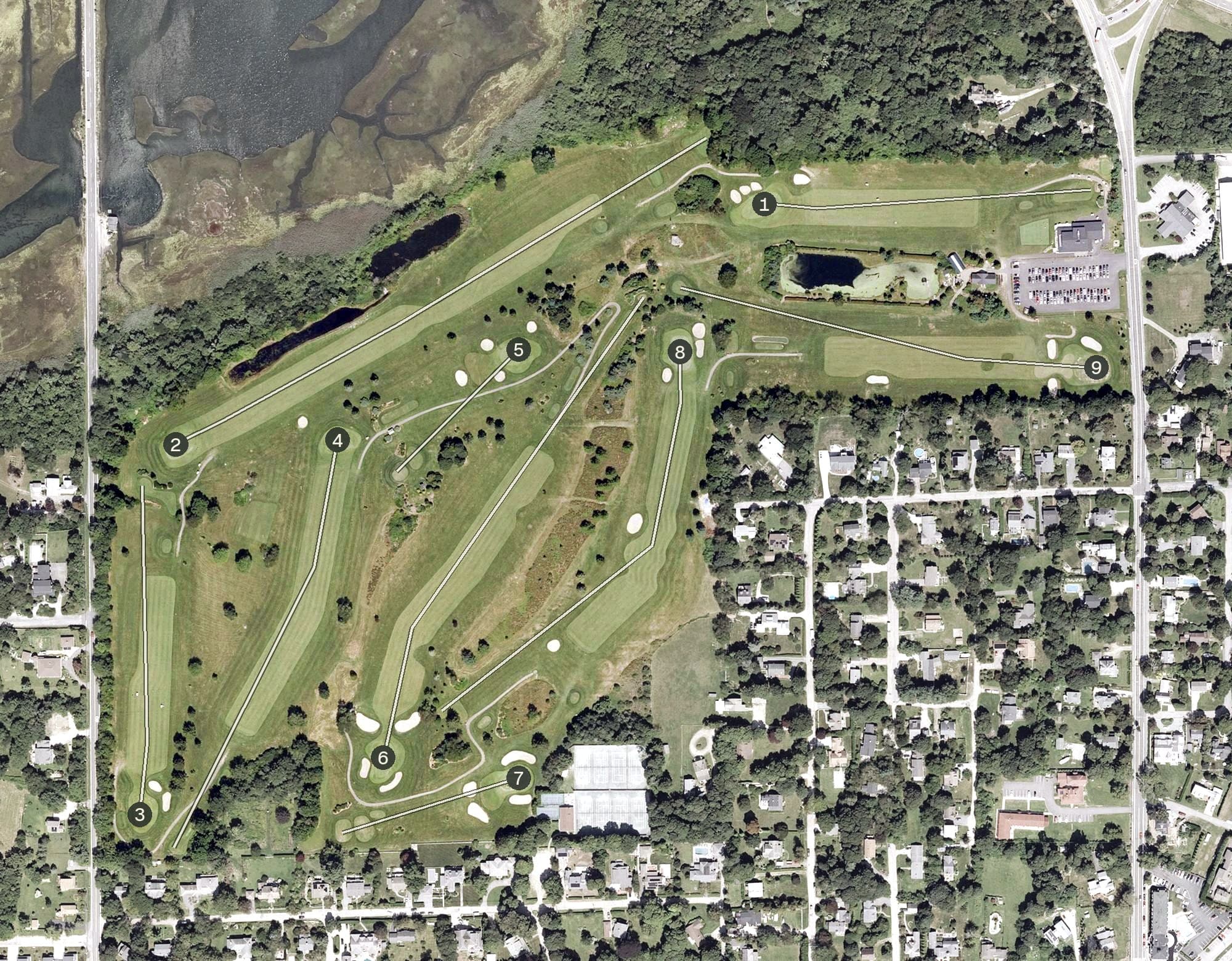 Aerial view of Jamestown Golf Course, RI, with its hole routing marked