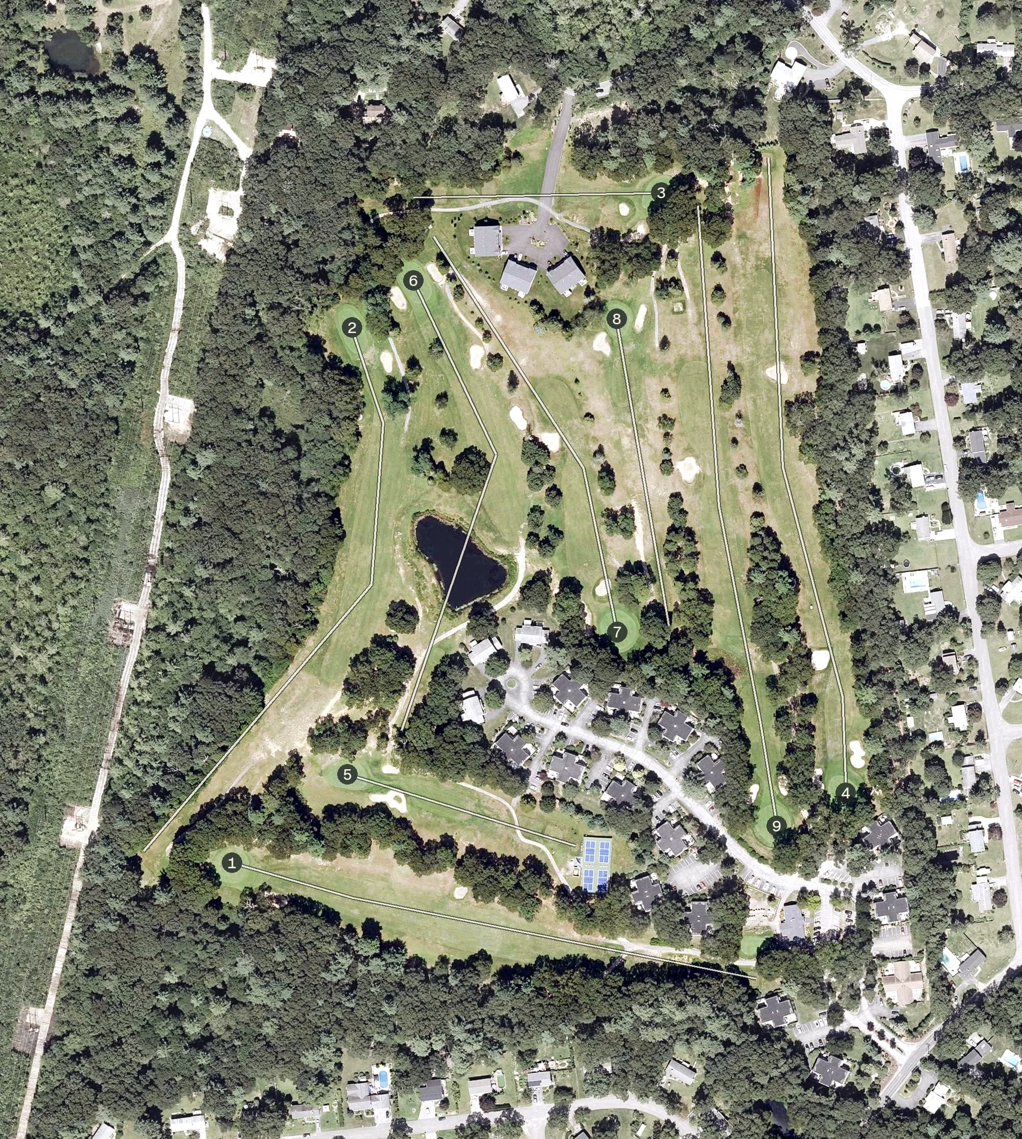 Aerial view of Kings Crossing Golf Club, RI, with its hole routing marked