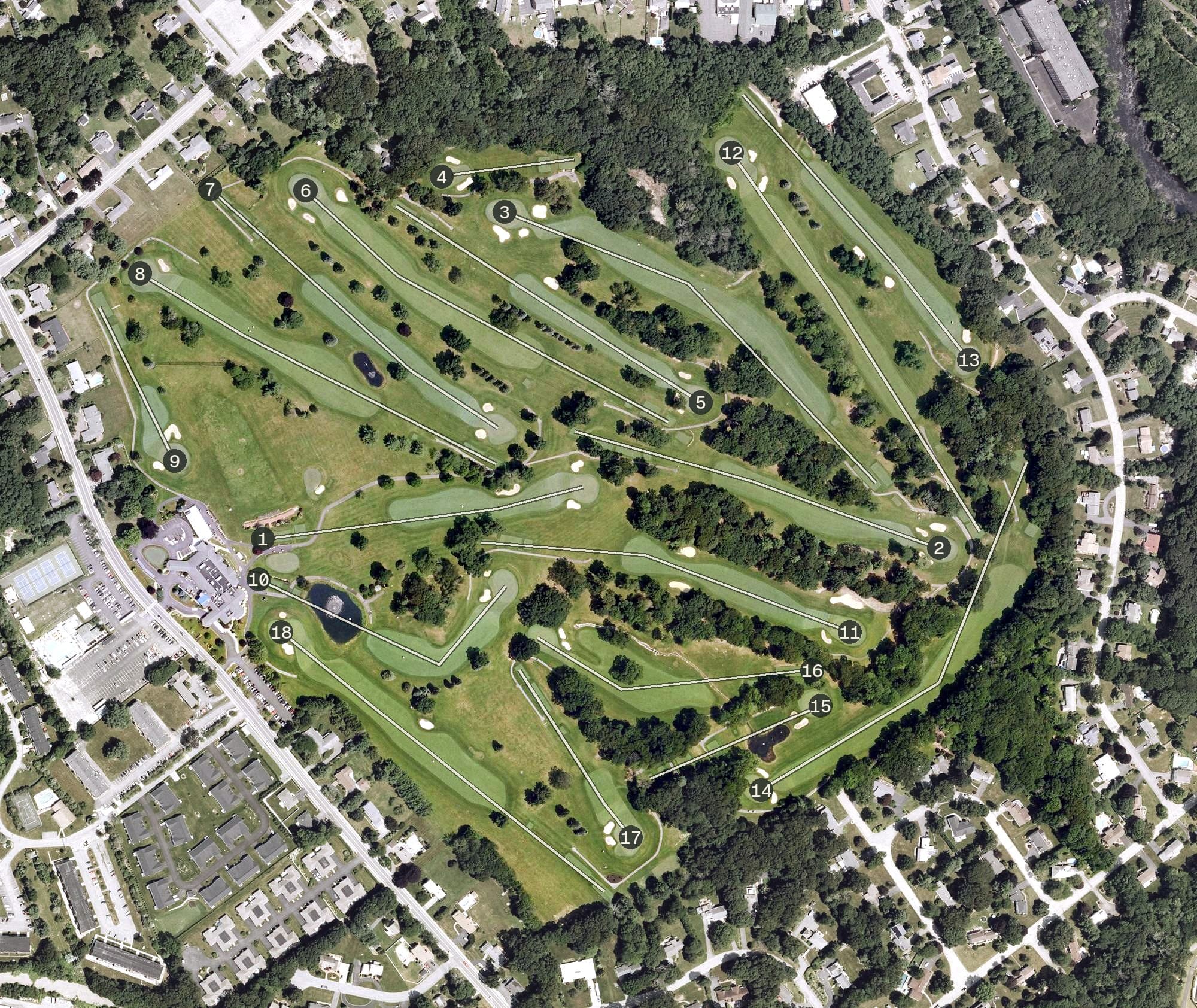 Aerial view of Kirkbrae Country Club, RI, with its hole routing marked