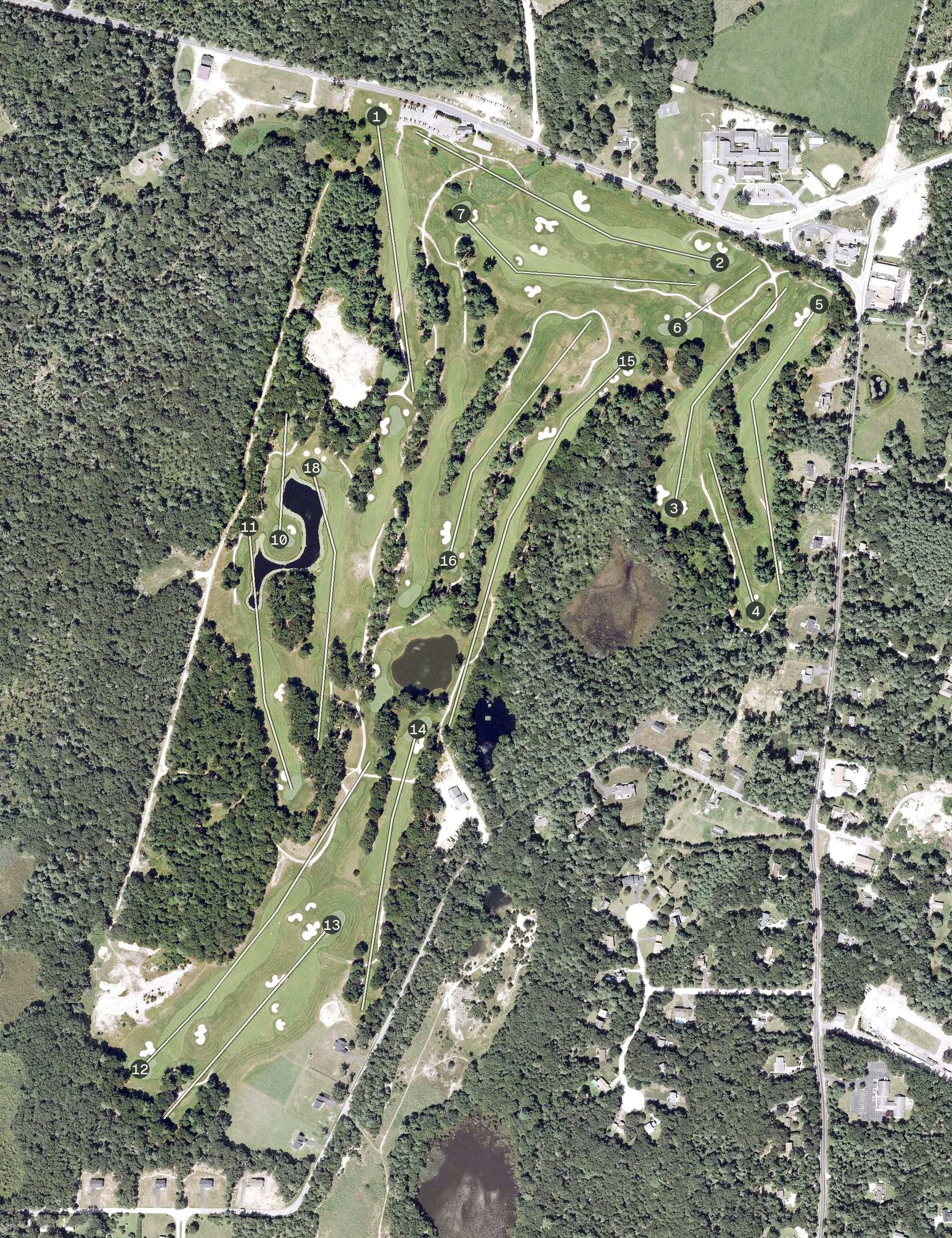 Aerial view of Meadow Brook, RI, with its hole routing marked