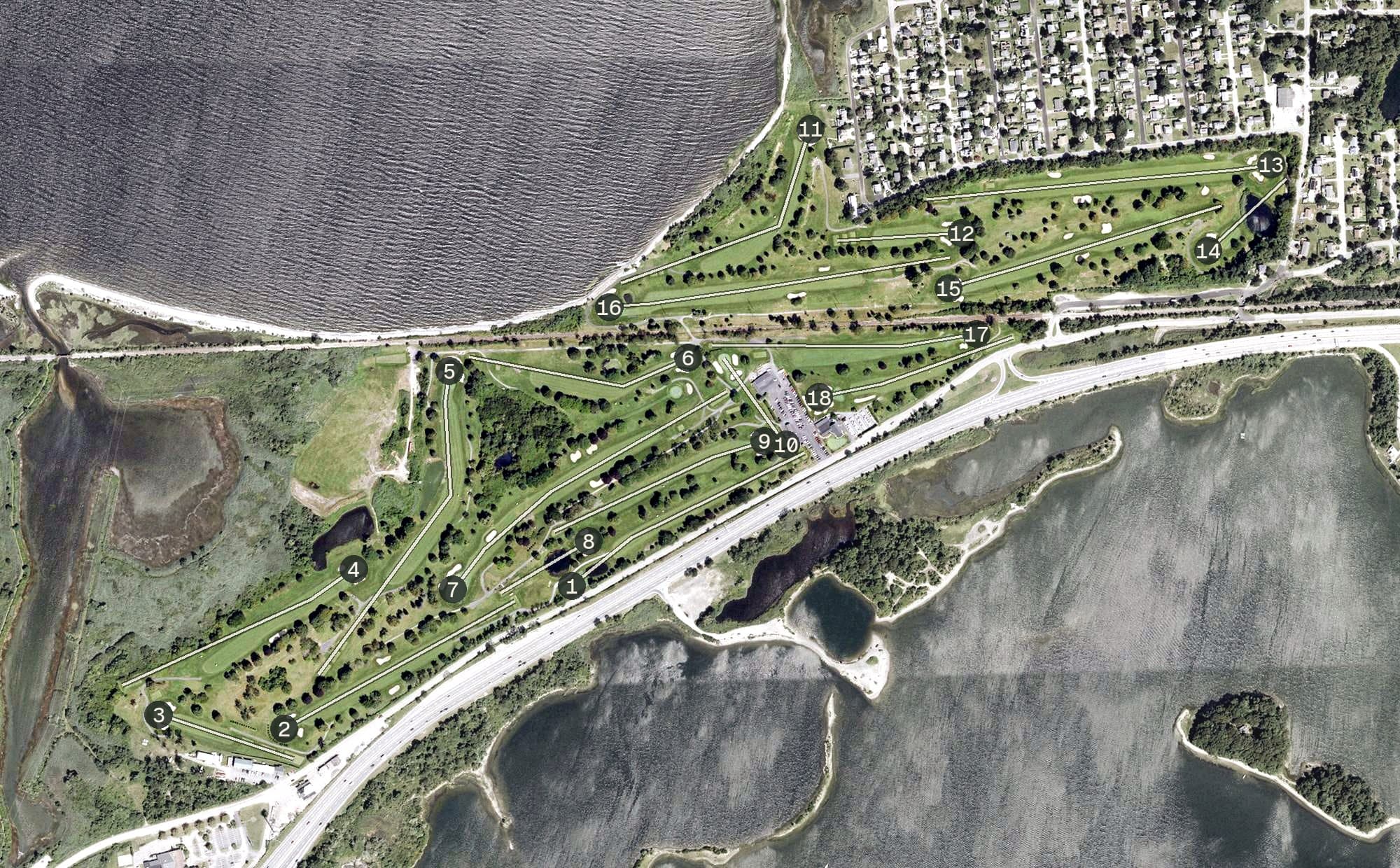 Aerial view of Montaup Country Club, RI, with its hole routing marked