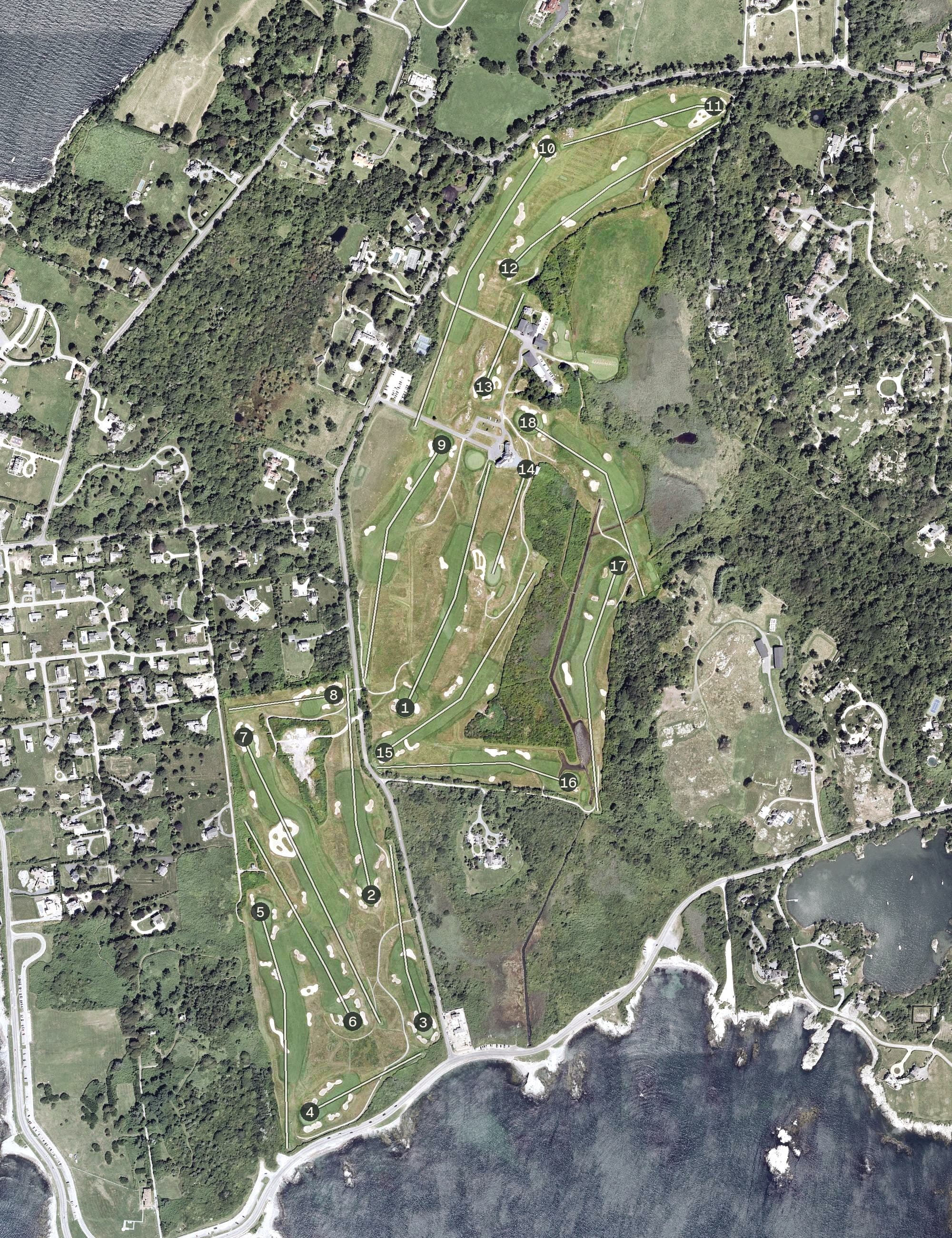 Aerial view of Newport Country Club, RI, with its hole routing marked