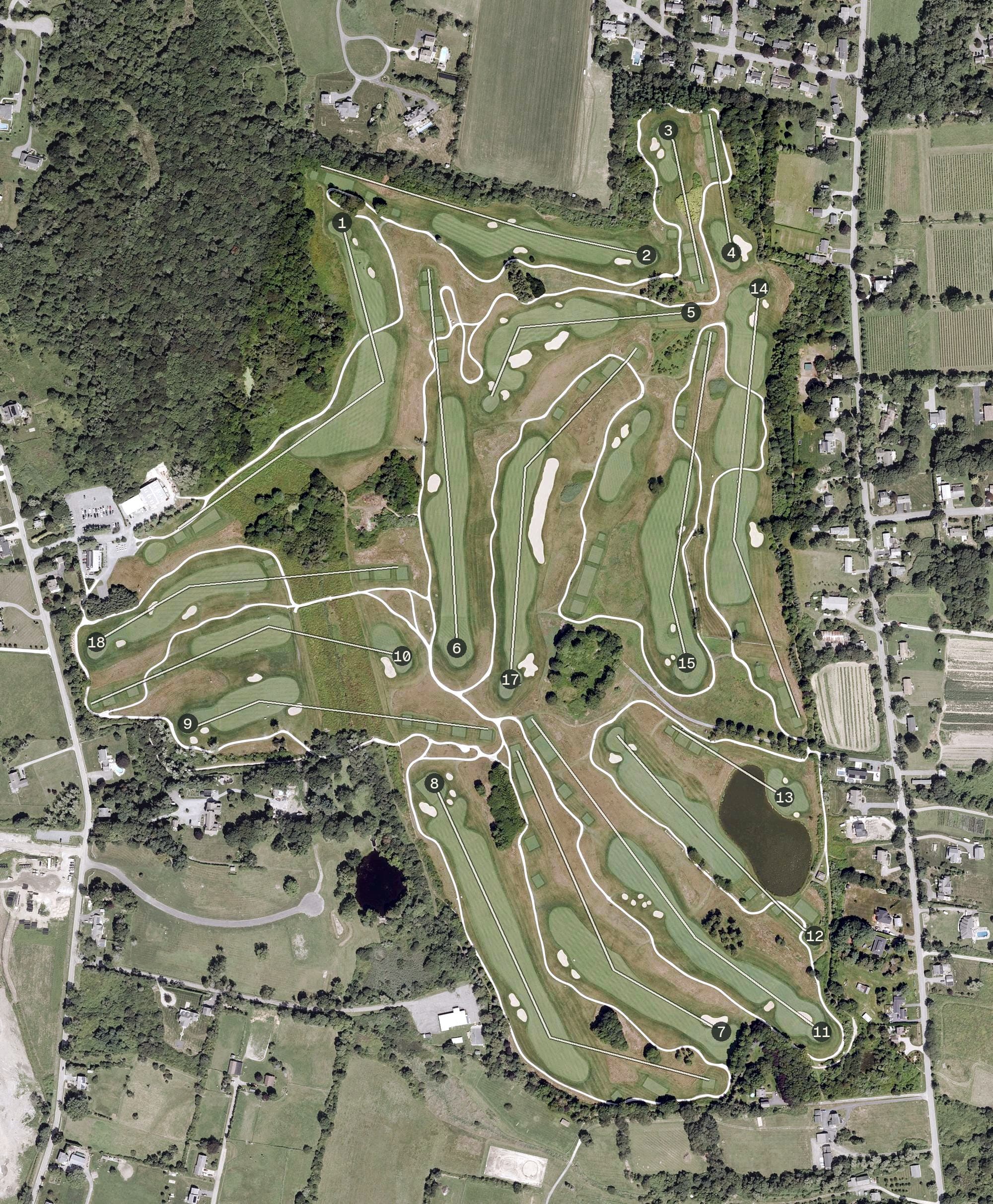 Aerial view of Newport National Golf Club, RI, with its hole routing marked