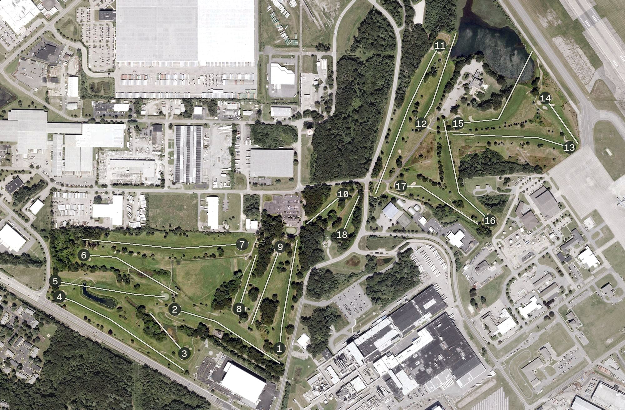 Aerial view of North Kingstown Golf Course, RI, with its hole routing marked