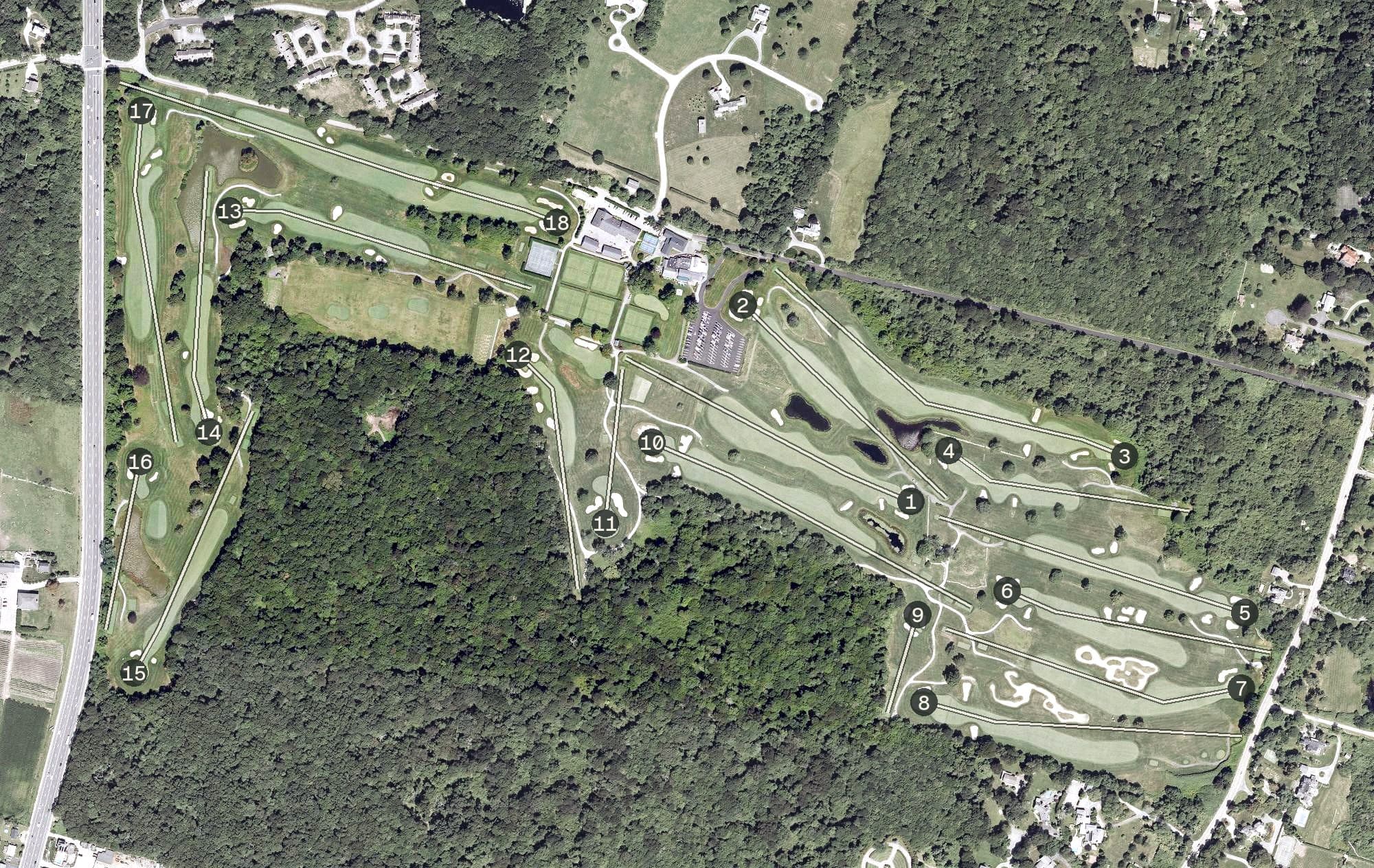 Aerial view of Point Judith Country Club, RI, with its hole routing marked