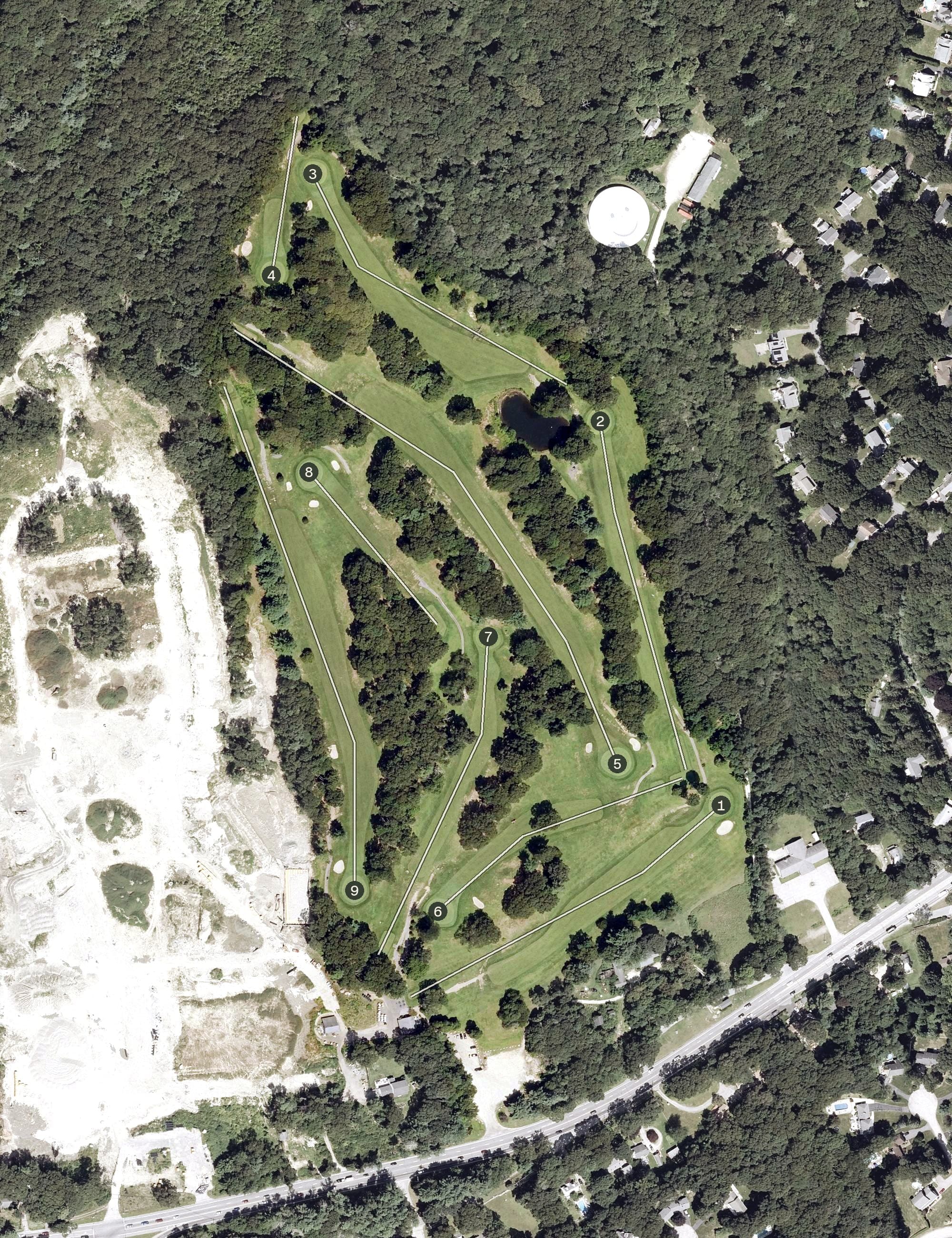 Aerial view of Rolling Greens Golf Course, RI, with its hole routing marked