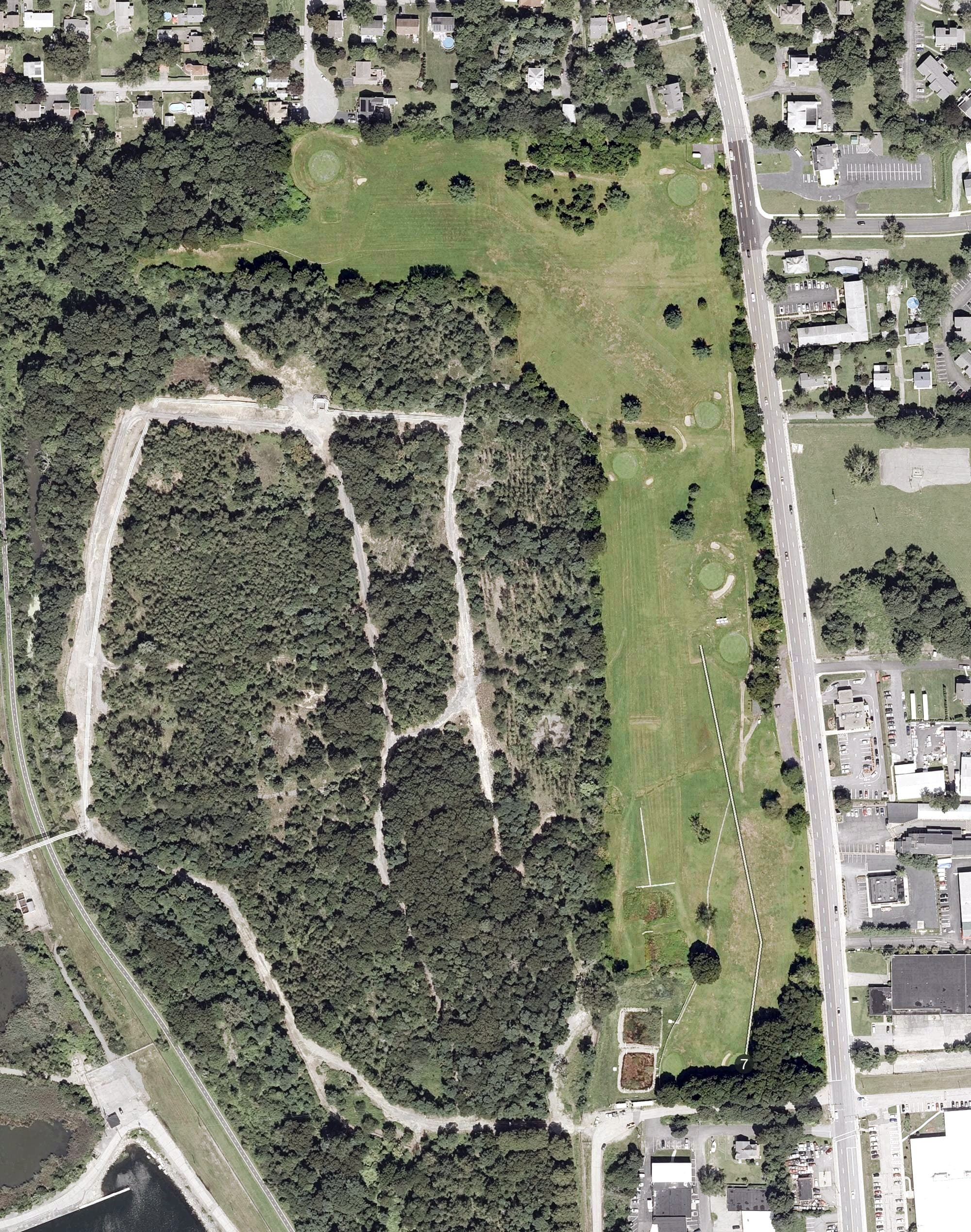 Aerial view of Silver Spring Golf Club, RI, with its hole routing marked