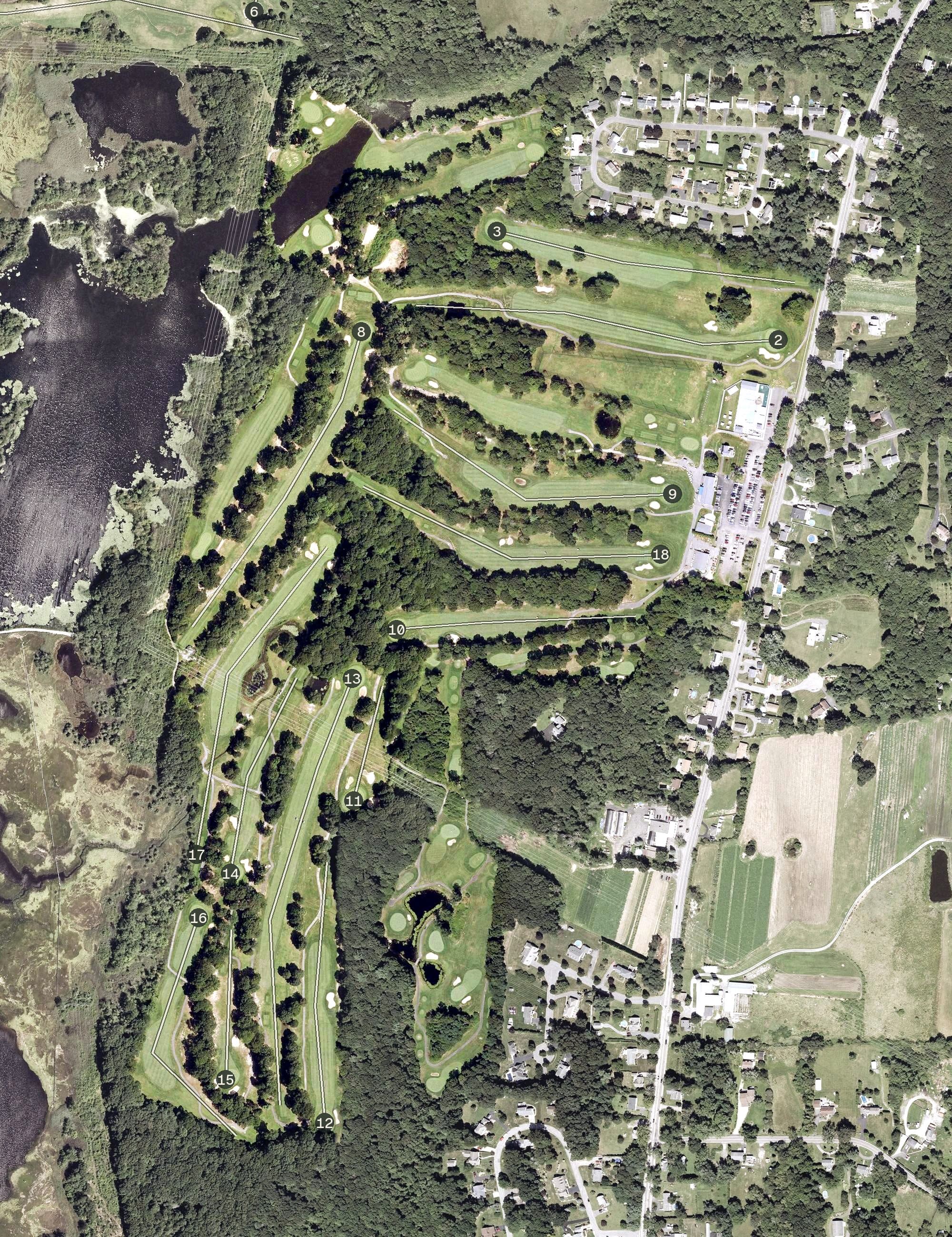 Aerial view of Swansea Country Club, RI, with its hole routing marked
