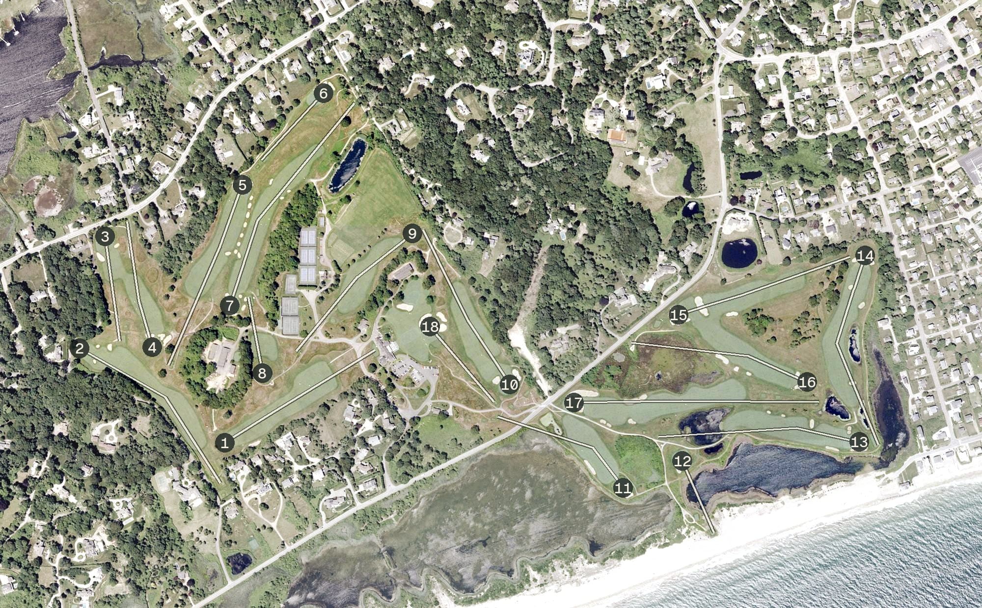 Aerial view of The Misquamicut Club, RI, with its hole routing marked