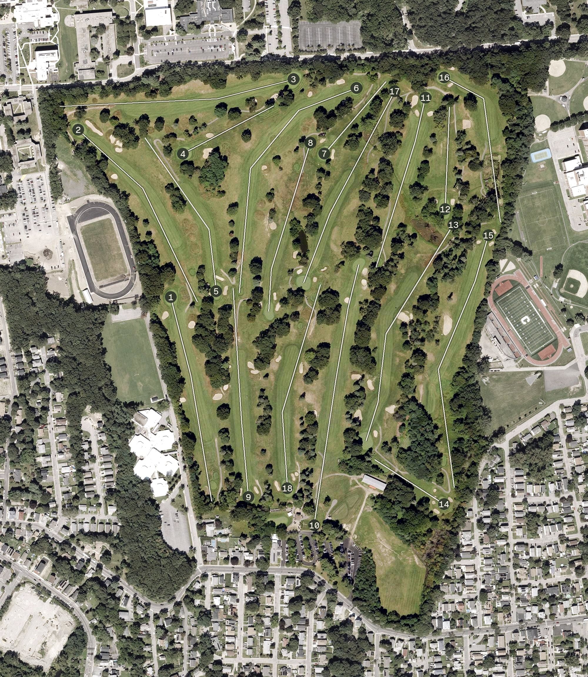 Aerial view of Triggs Memorial Golf Course, RI, with its hole routing marked