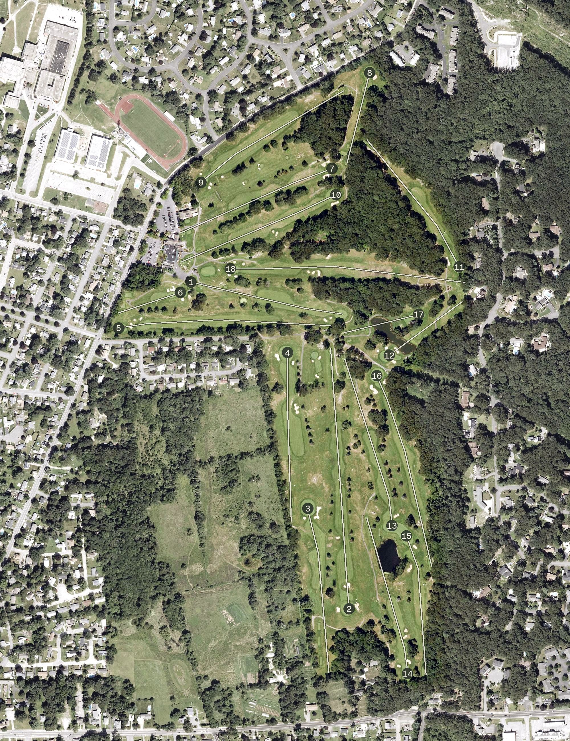 Aerial view of Valley Country Club, RI, with its hole routing marked