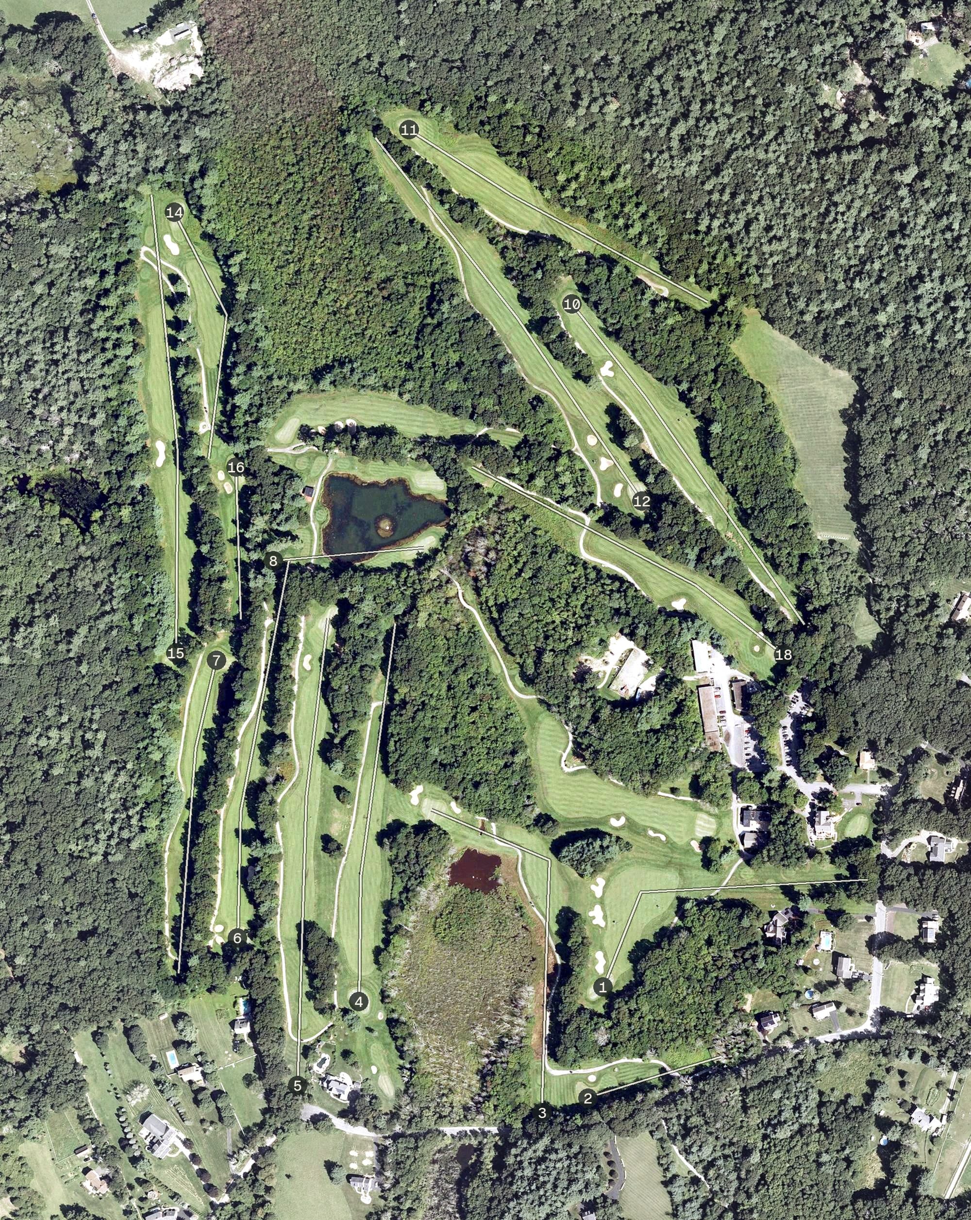 Aerial view of Wentworth Hills Country Club, RI, with its hole routing marked
