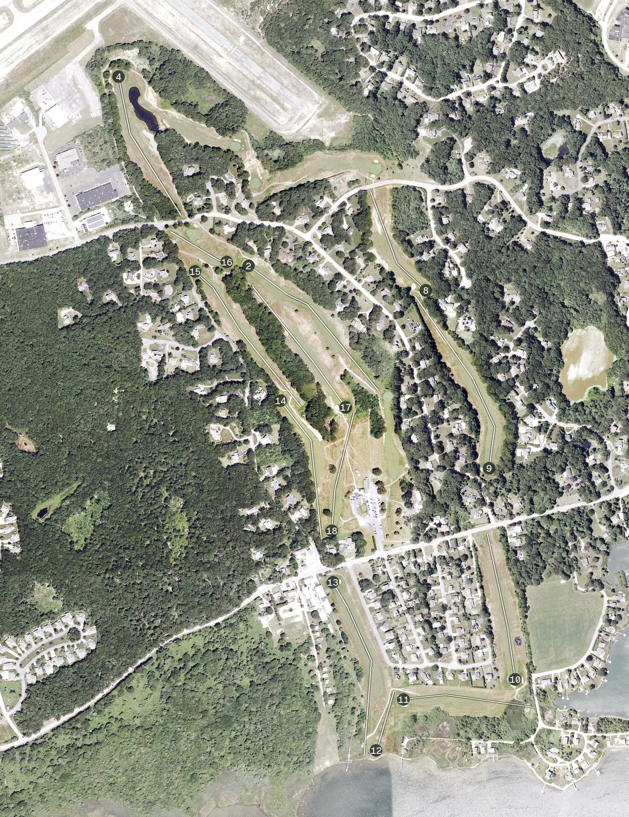 Aerial view of Winnapaug Country Club, RI, with its hole routing marked