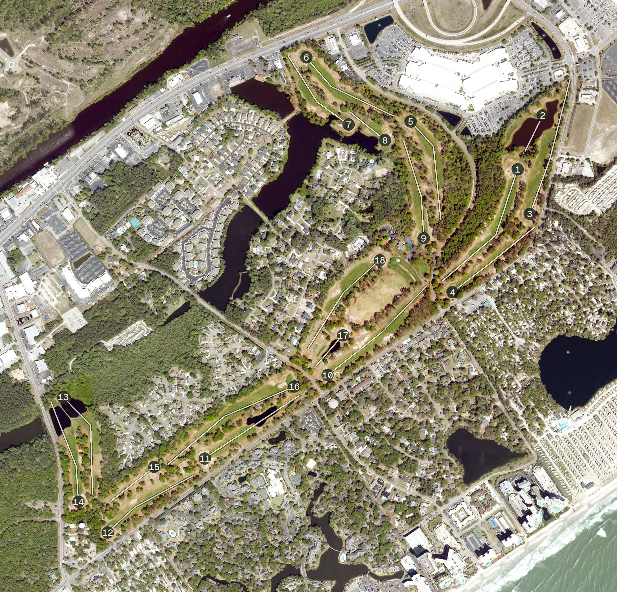Aerial view of Arcadian Shores Golf Club, SC, with its hole routing marked
