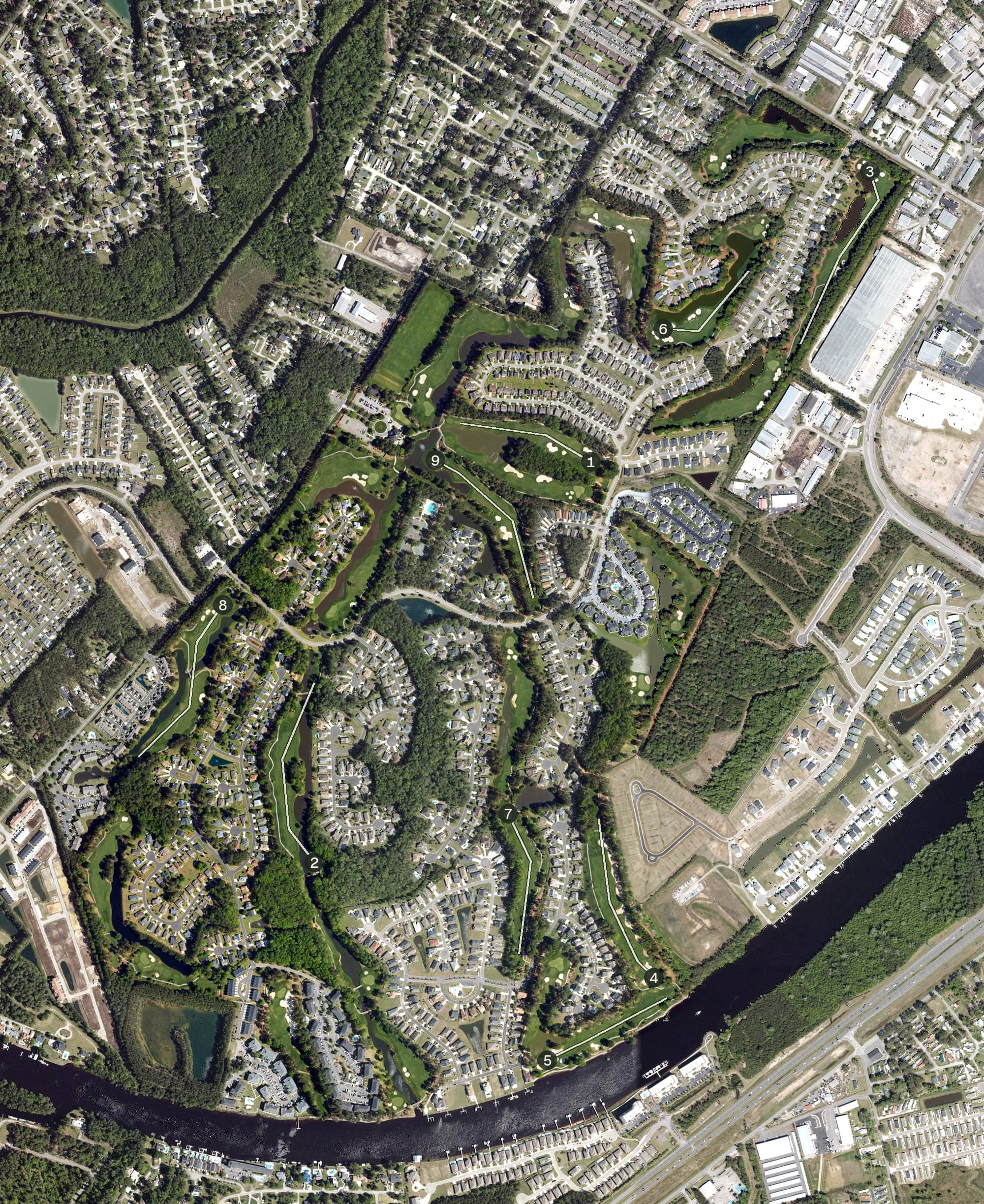 Aerial view of Arrowhead Country Club, SC, with its hole routing marked