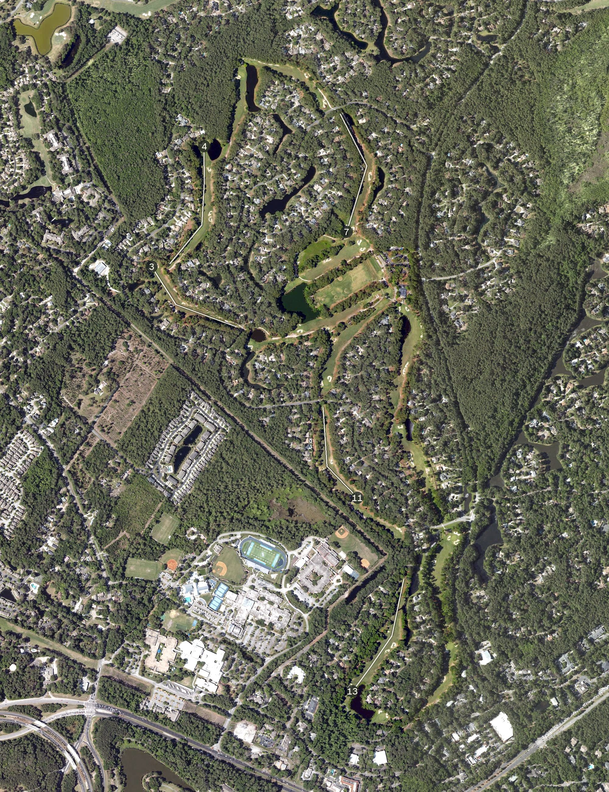 Aerial view of Bear Creek Golf Club, SC, with its hole routing marked