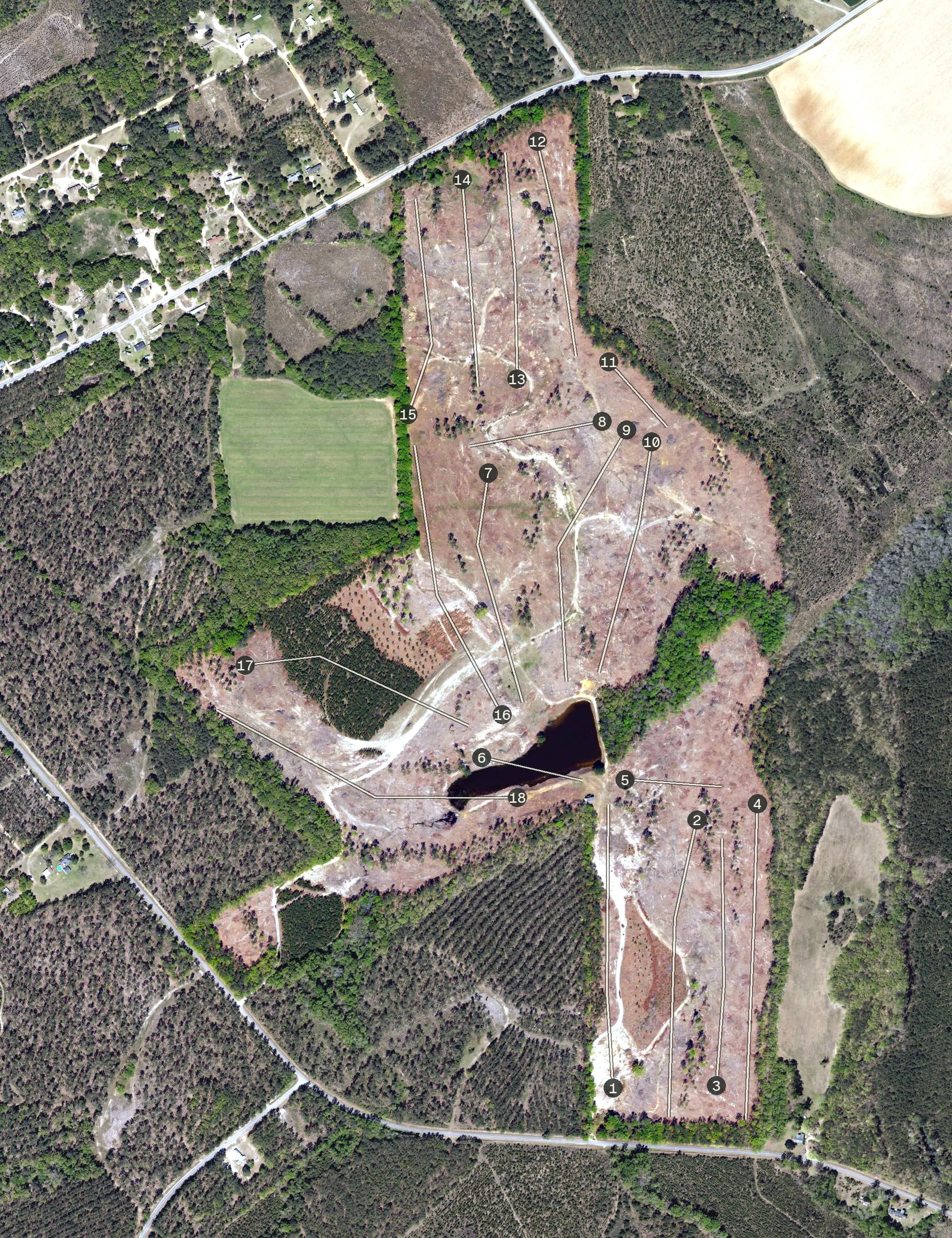Aerial view of Broomsedge Golf Club, SC, with its hole routing marked