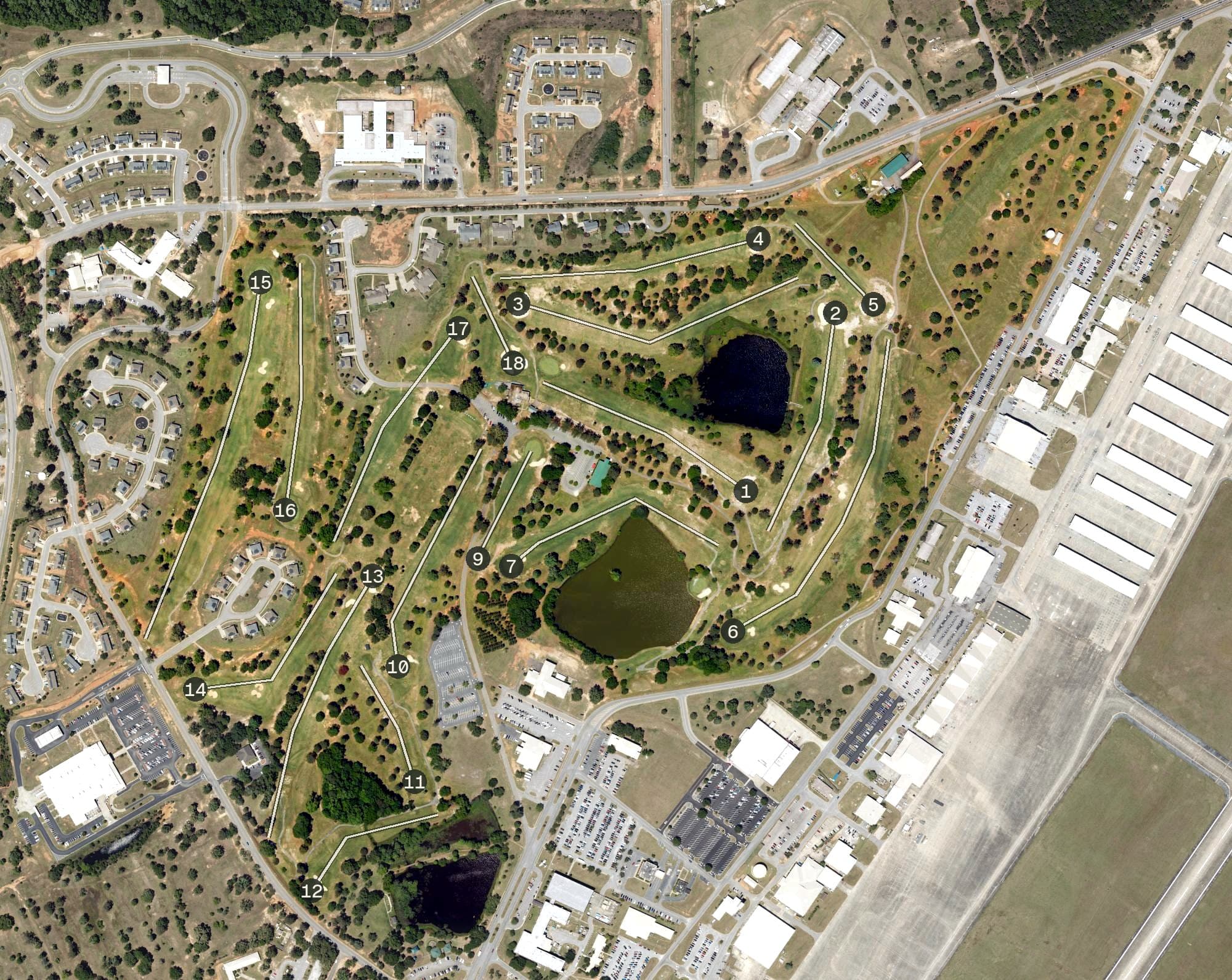 Aerial view of Carolina Lakes, SC, with its hole routing marked