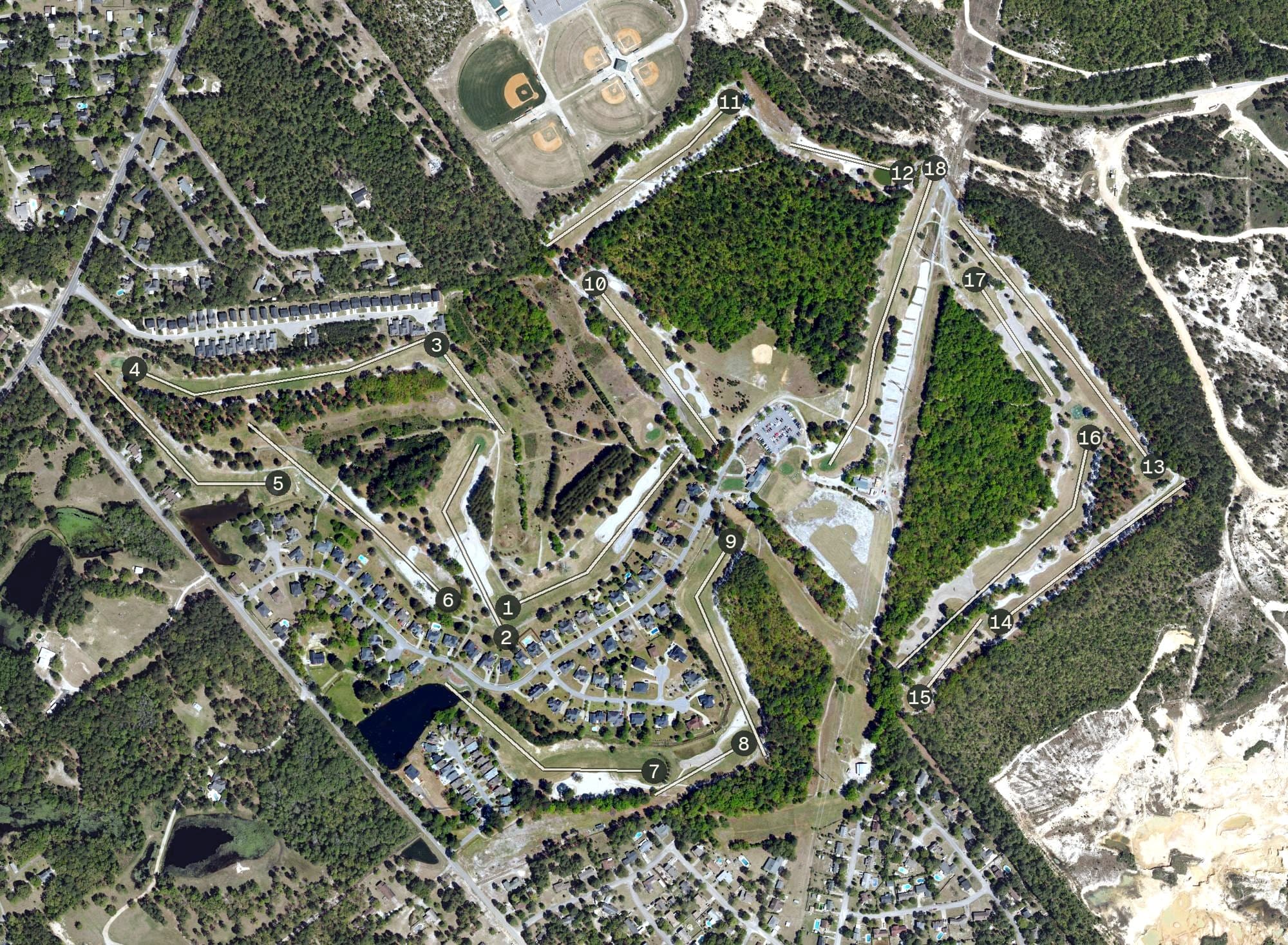 Aerial view of Charwood Country Club, SC, with its hole routing marked