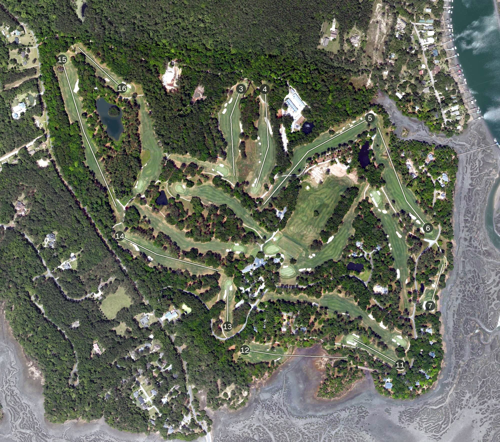 Aerial view of Chechessee Creek Club, SC, with its hole routing marked