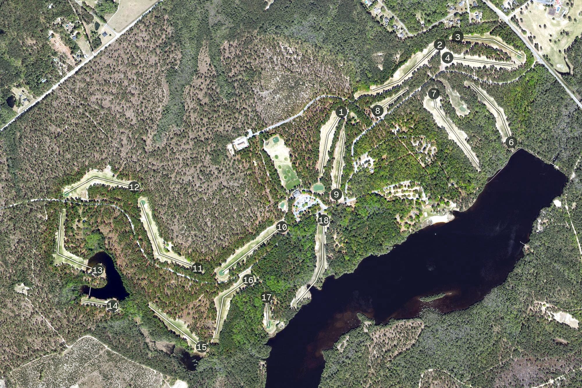 Aerial view of Cheraw State Park Golf Course, SC, with its hole routing marked