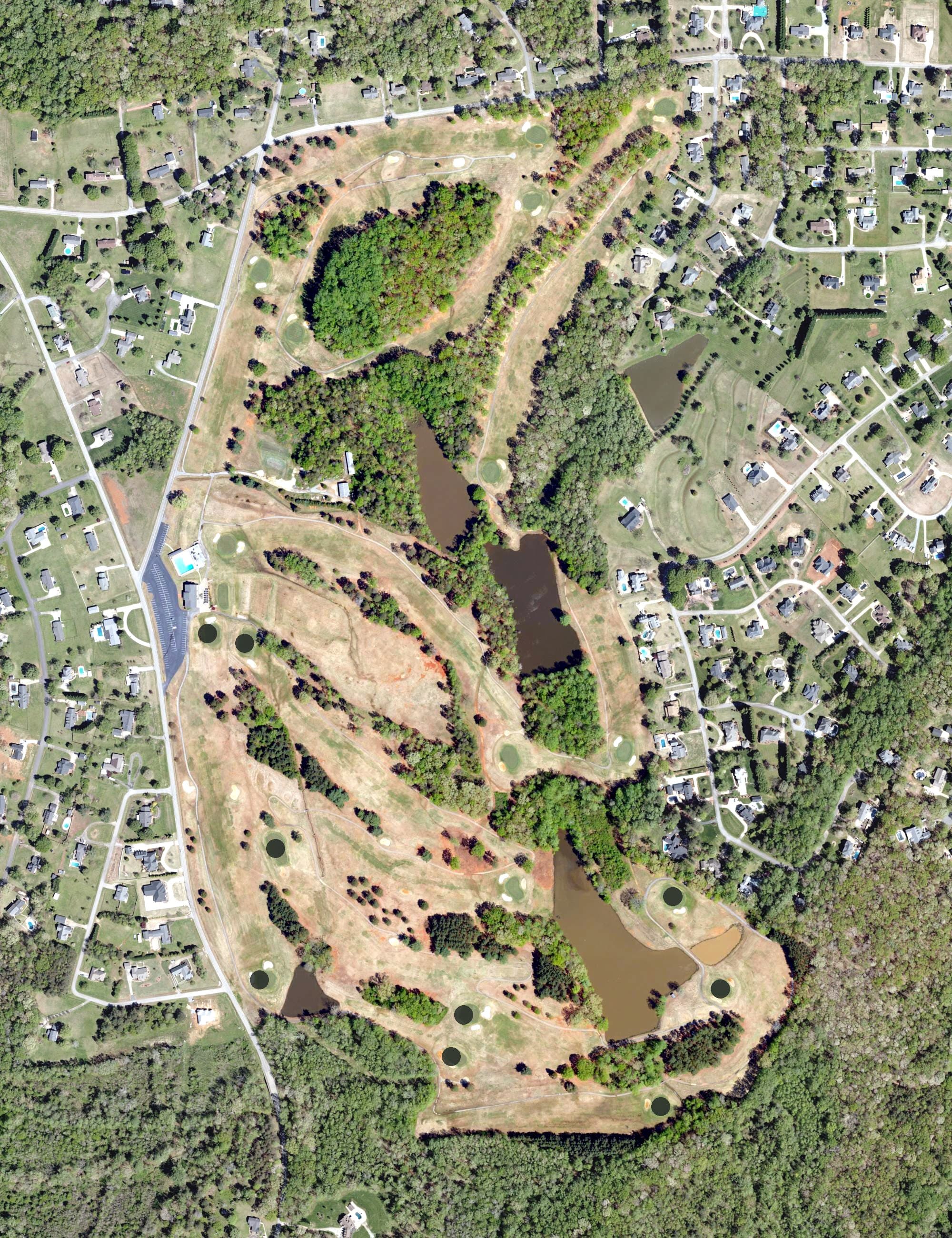 Aerial view of Cherokee National Golf & Recreation Club, SC, with its hole routing marked