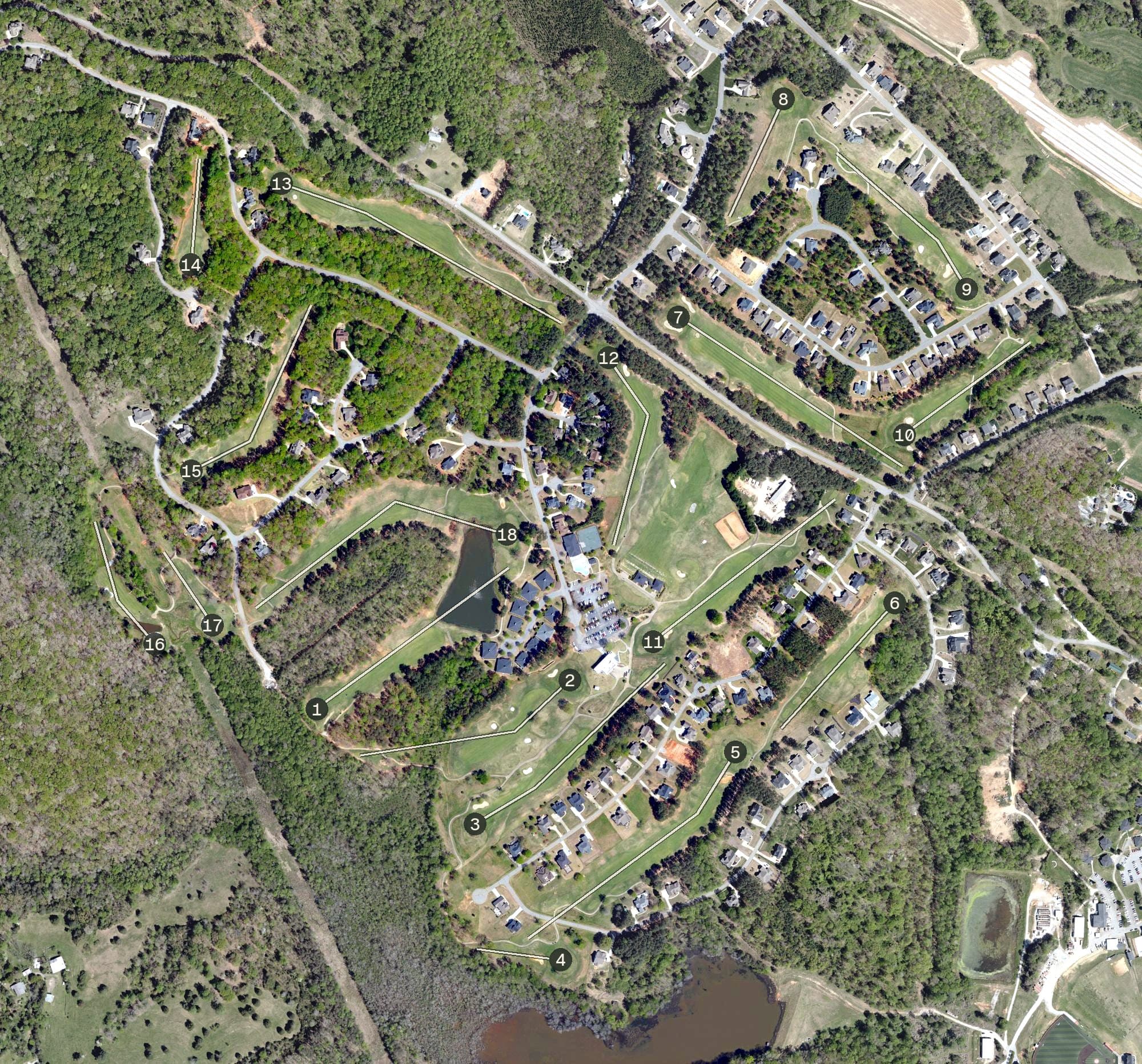 Aerial view of Cherokee Valley Golf Club, SC, with its hole routing marked