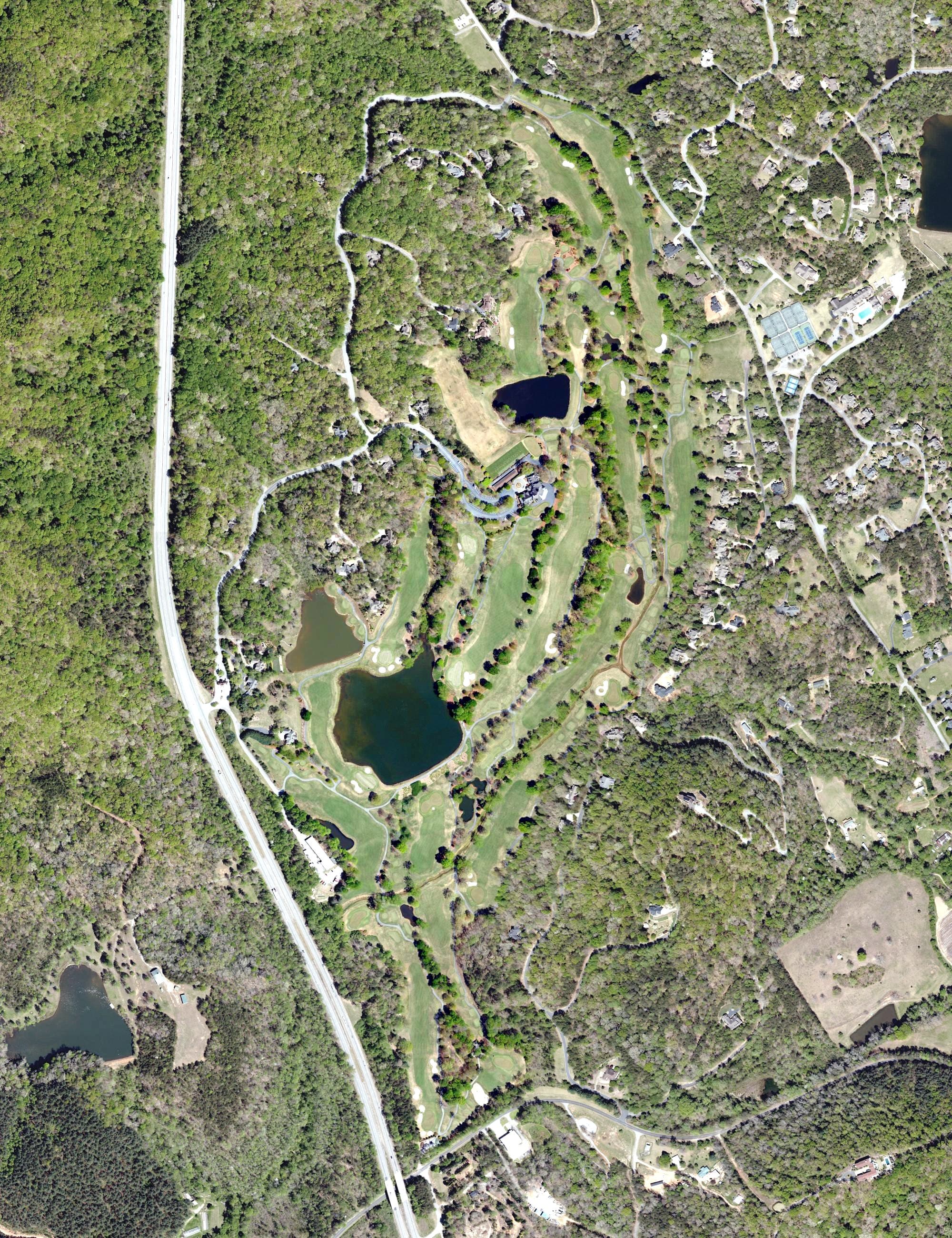 Aerial view of Cliffs Valley Golf Course, SC, with its hole routing marked