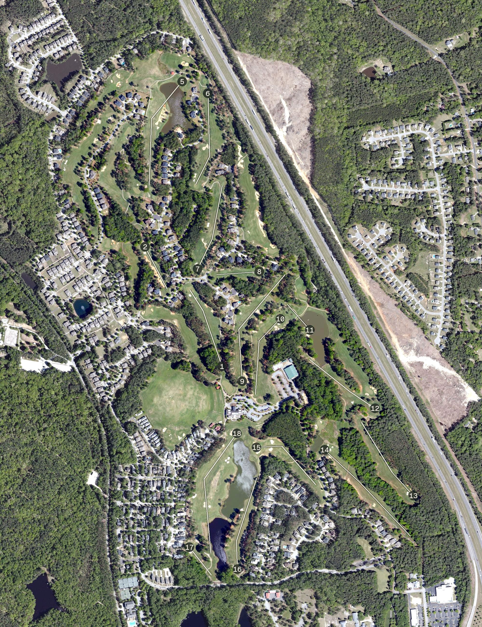 Aerial view of Cobblestone Park Golf Club, SC, with its hole routing marked